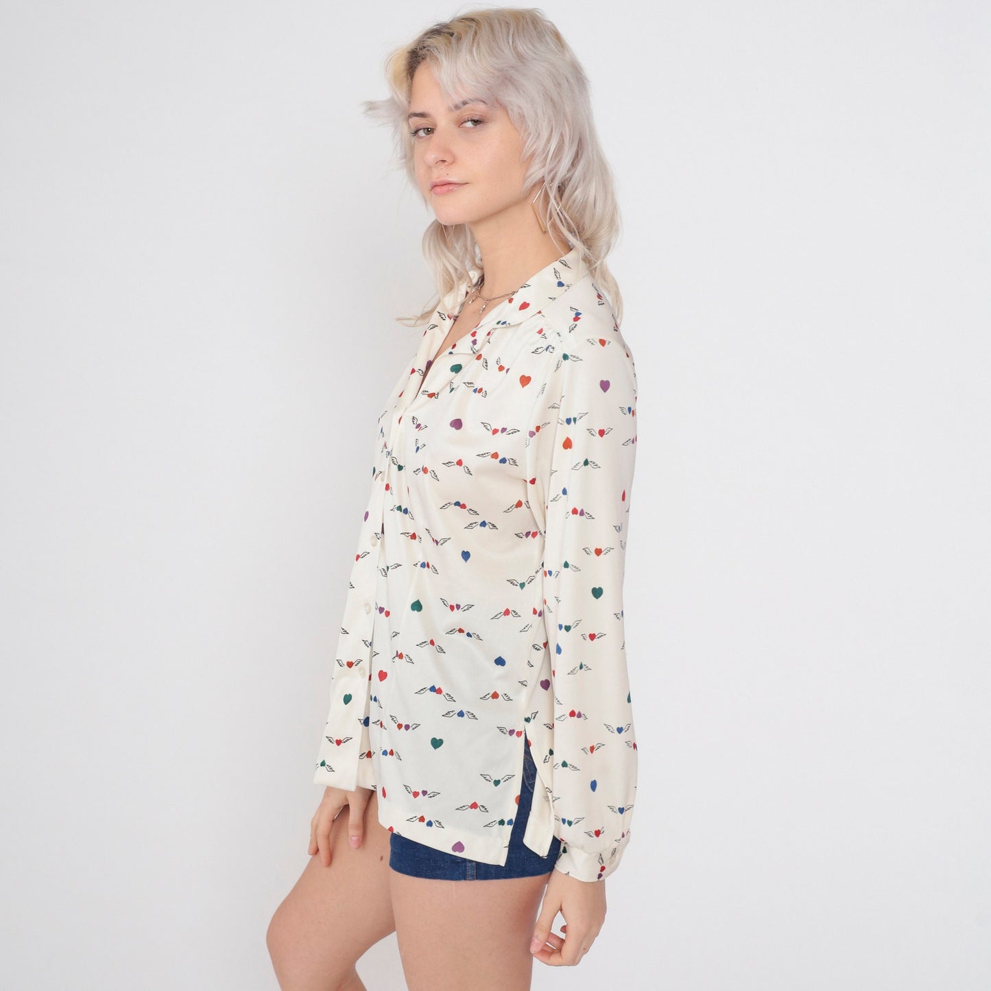 70s Winged Heart Print Button-Up Blouse Off-White Long Sleeve Collared Large