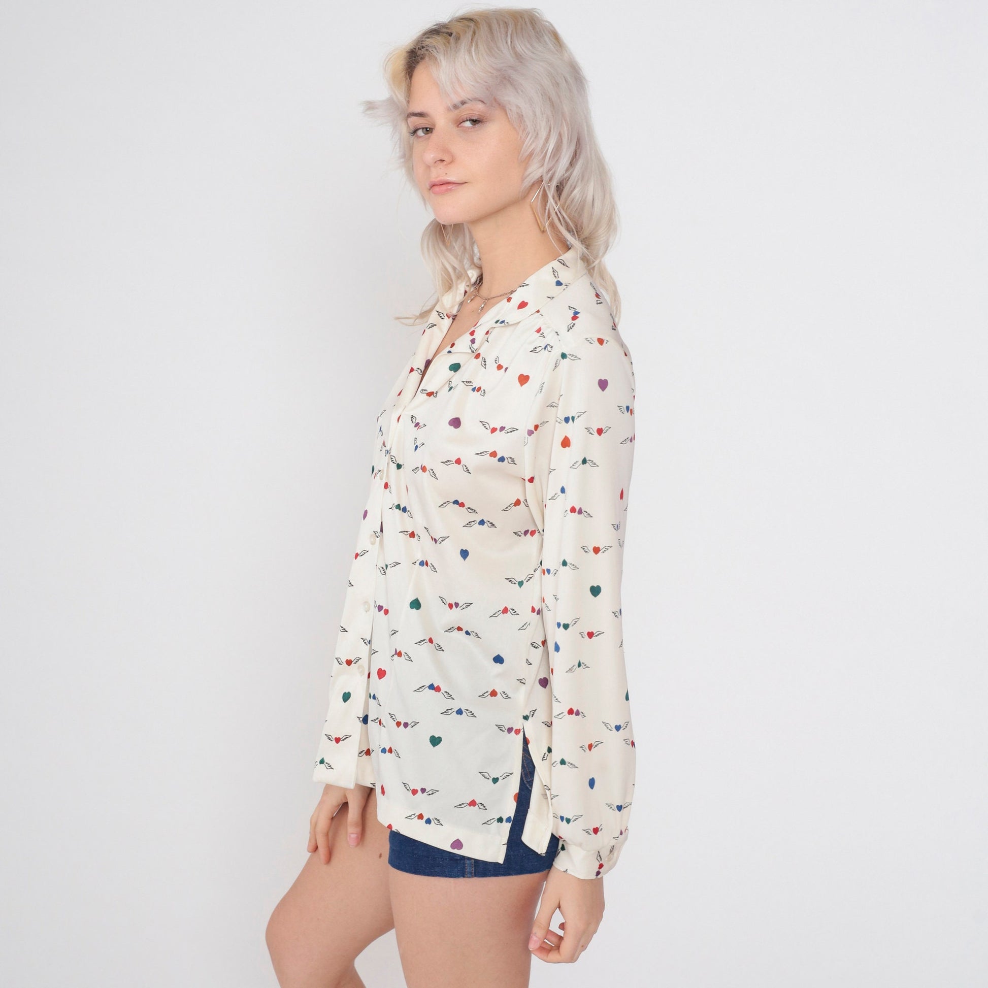 70s Winged Heart Print Button-Up Blouse Off-White Long Sleeve Collared Large