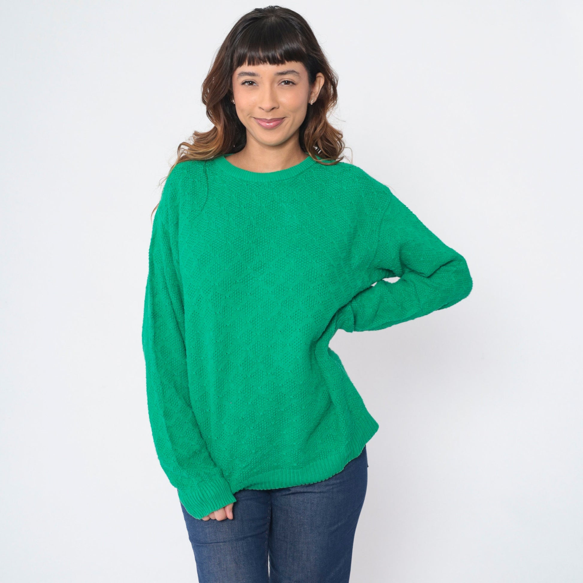 80s Talbots Diamond Knit Sweater Green Crewneck Pullover Large L