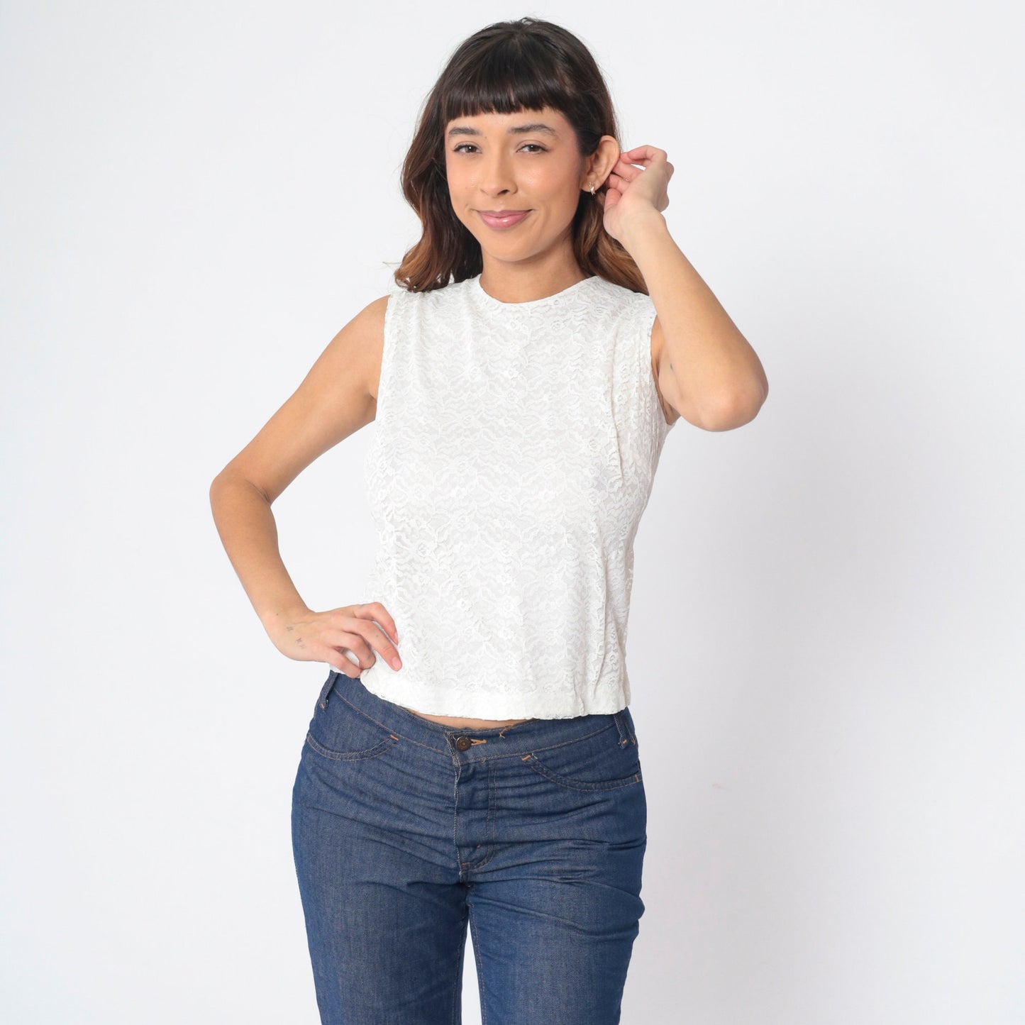 60s White Lace Sleeveless Blouse Button Back Crop Top Small