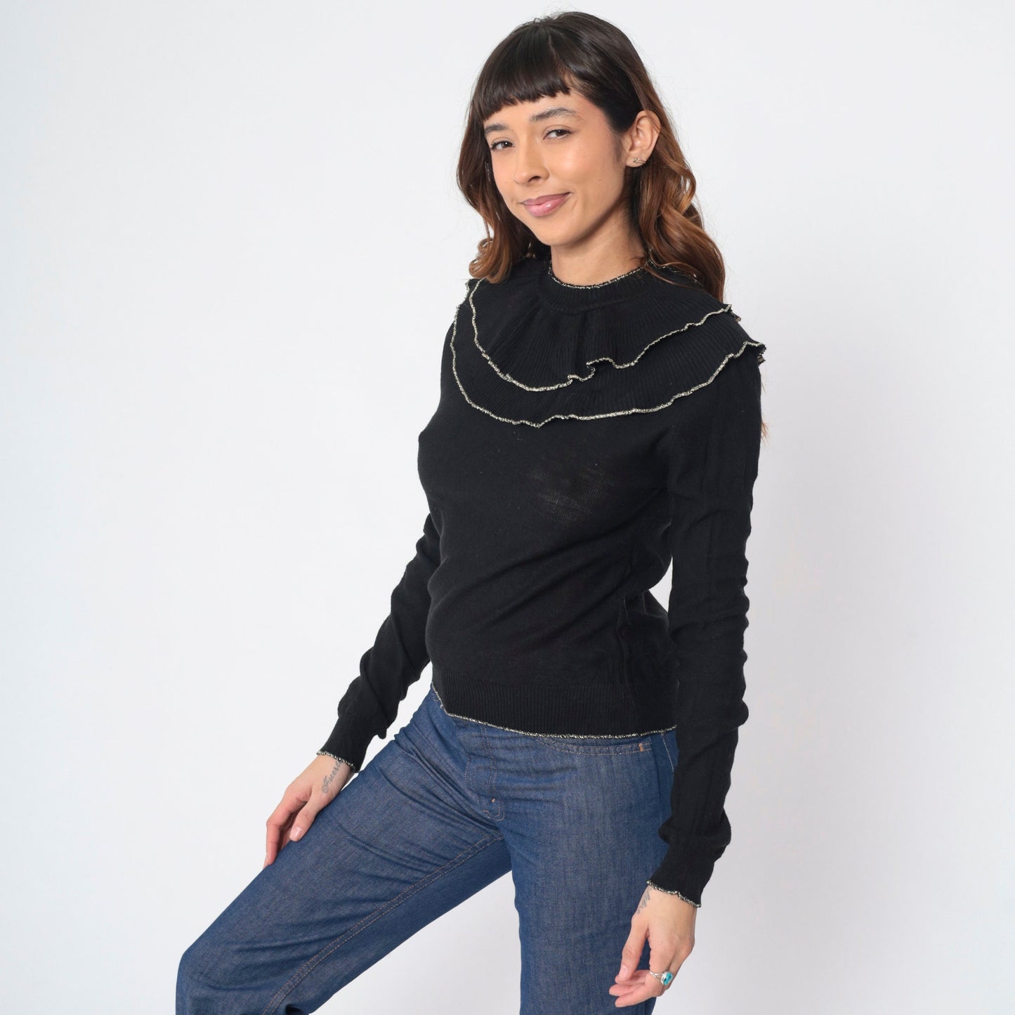 70s Black Sweater Double Bertha Collar Silver Metallic Trim Knit Pullover Extra Small