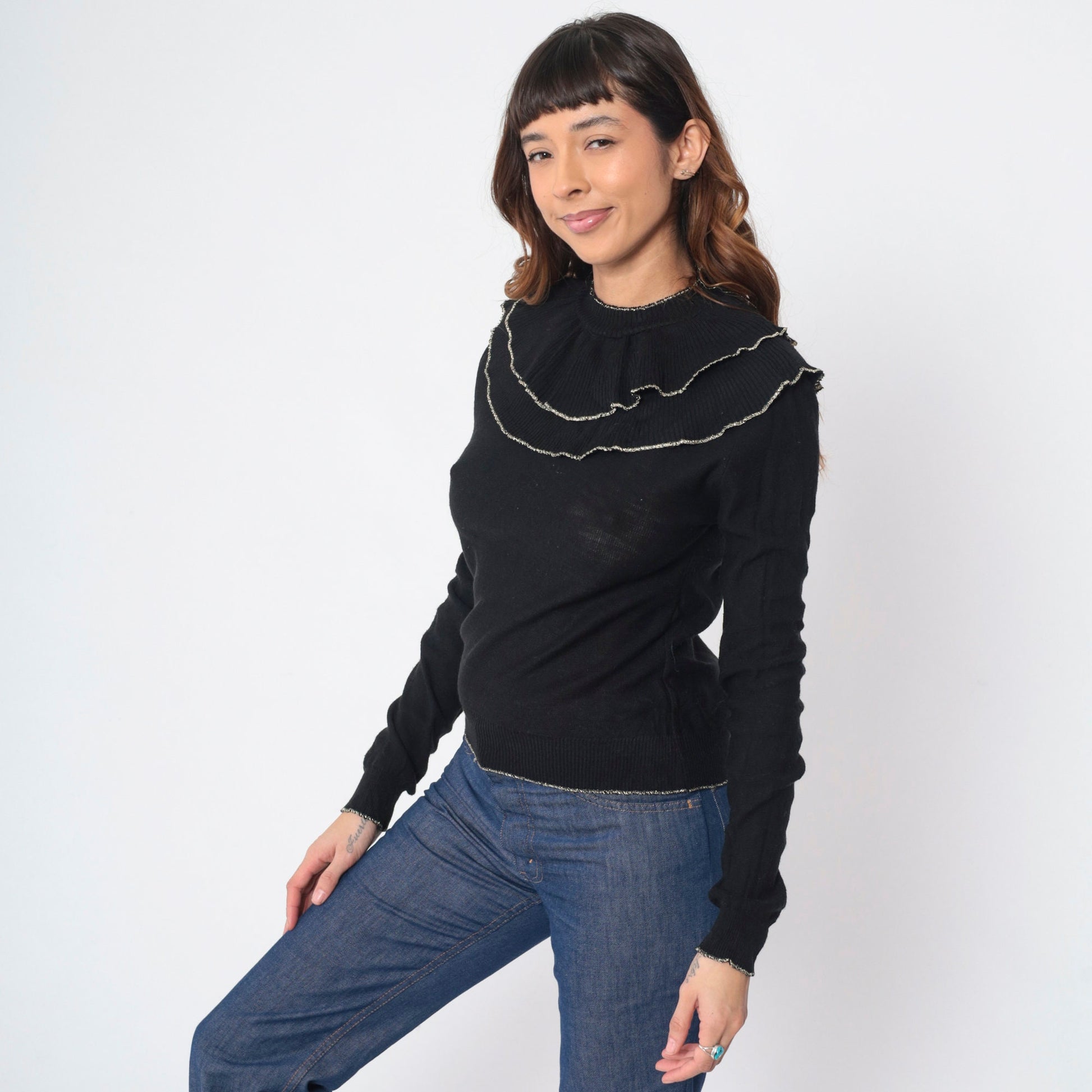 70s Black Sweater Double Bertha Collar Silver Metallic Trim Knit Pullover Extra Small