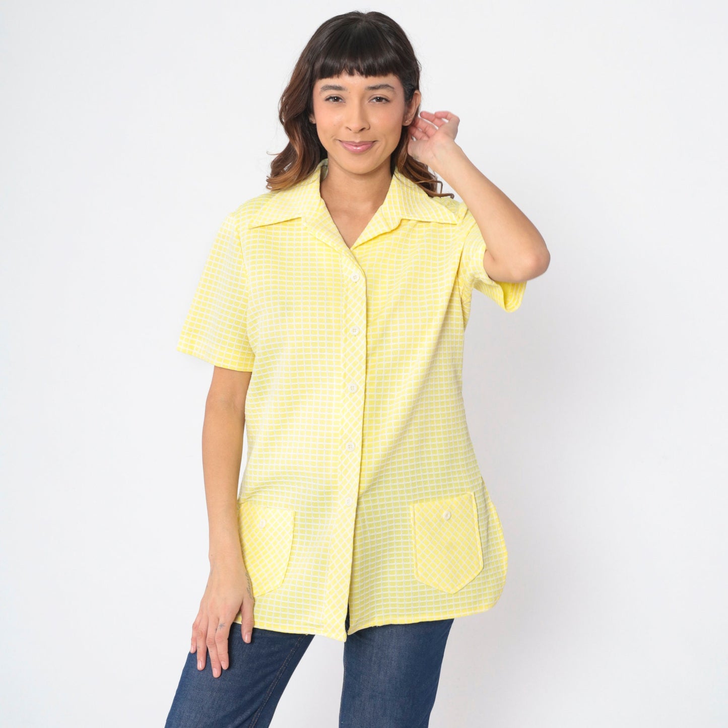 70s Yellow Checkered Button-Up Blouse Dagger Collar Short Sleeve Large L