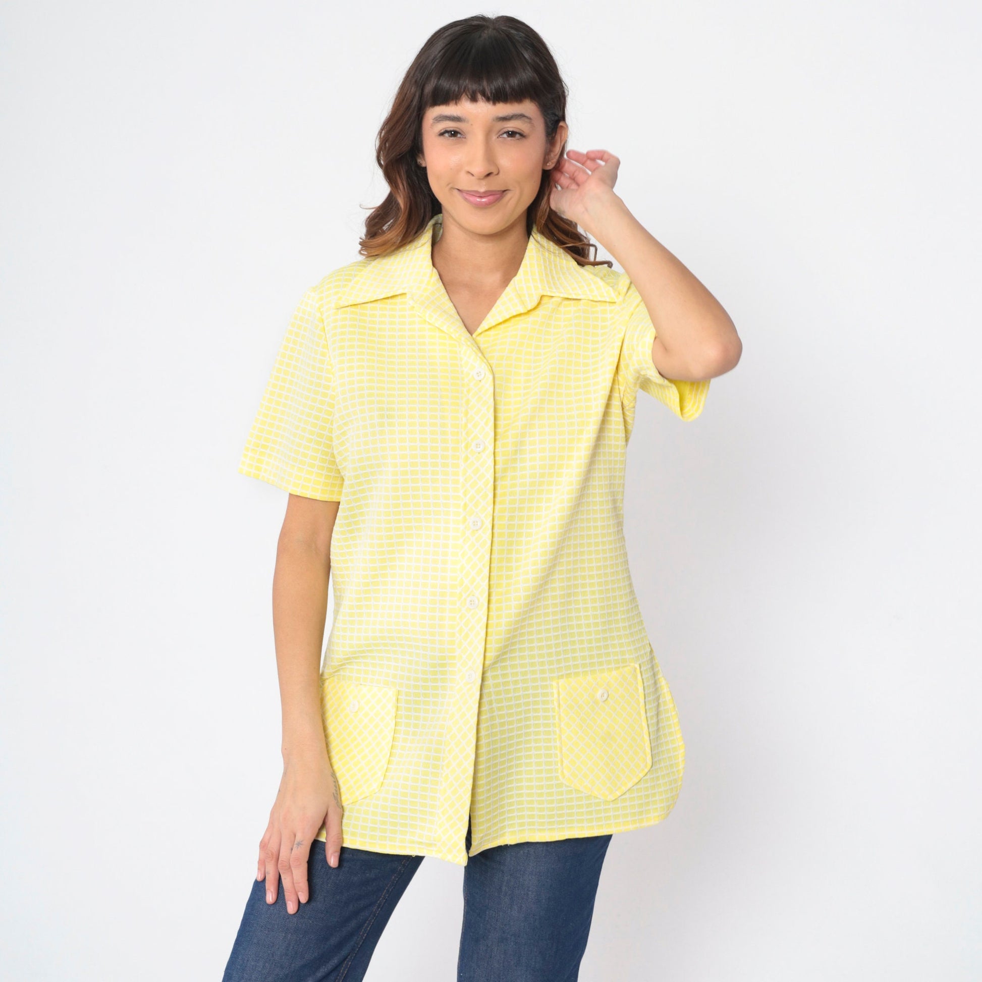 70s Yellow Checkered Button-Up Blouse Dagger Collar Short Sleeve Large L