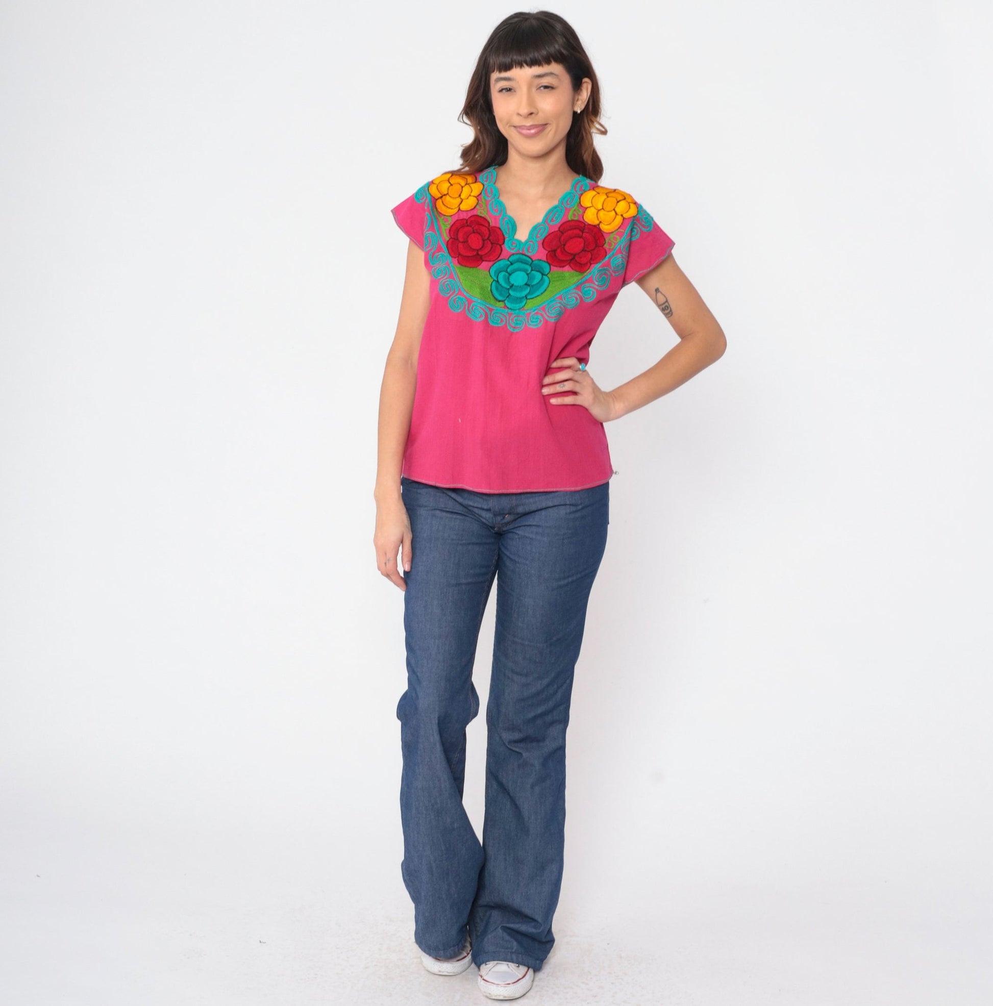 90s Mexican Embroidered Blouse Hot Pink Floral Cotton Peasant Small