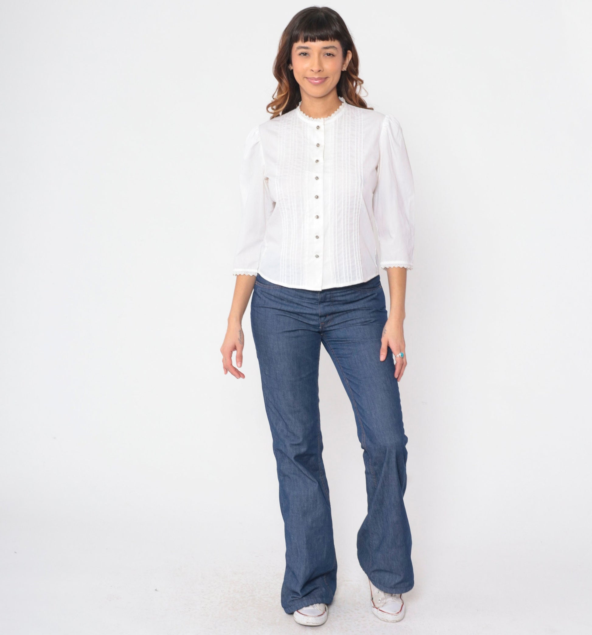70s Lanz Originals White Prairie Blouse Puff Sleeve Pintuck Button Up Small