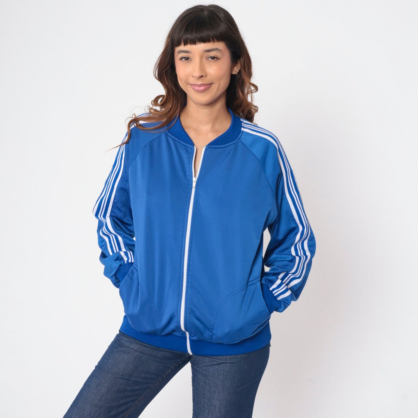 80s Jake Sportswear Track Jacket Blue Striped Raglan Zip-Up Medium