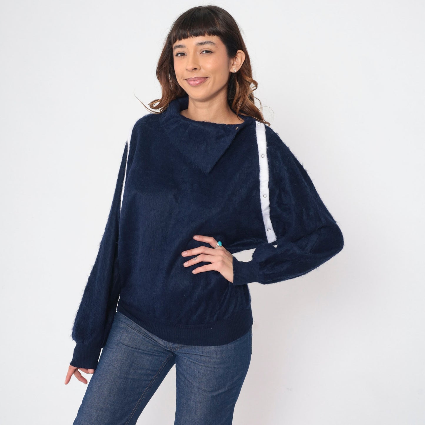 80s Navy Shaggy Fleece Sweatshirt Asymmetrical Shawl Collar Snap Pullover Small
