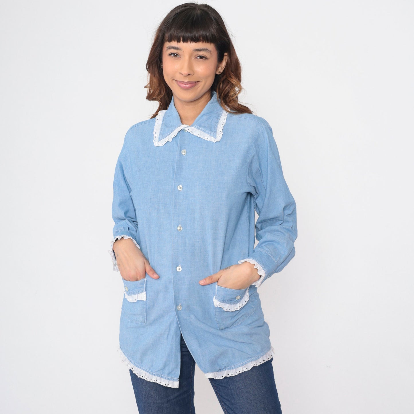 70s Lee Raggedy Ann Chambray Button-Up Blouse Blue Eyelet Lace Medium