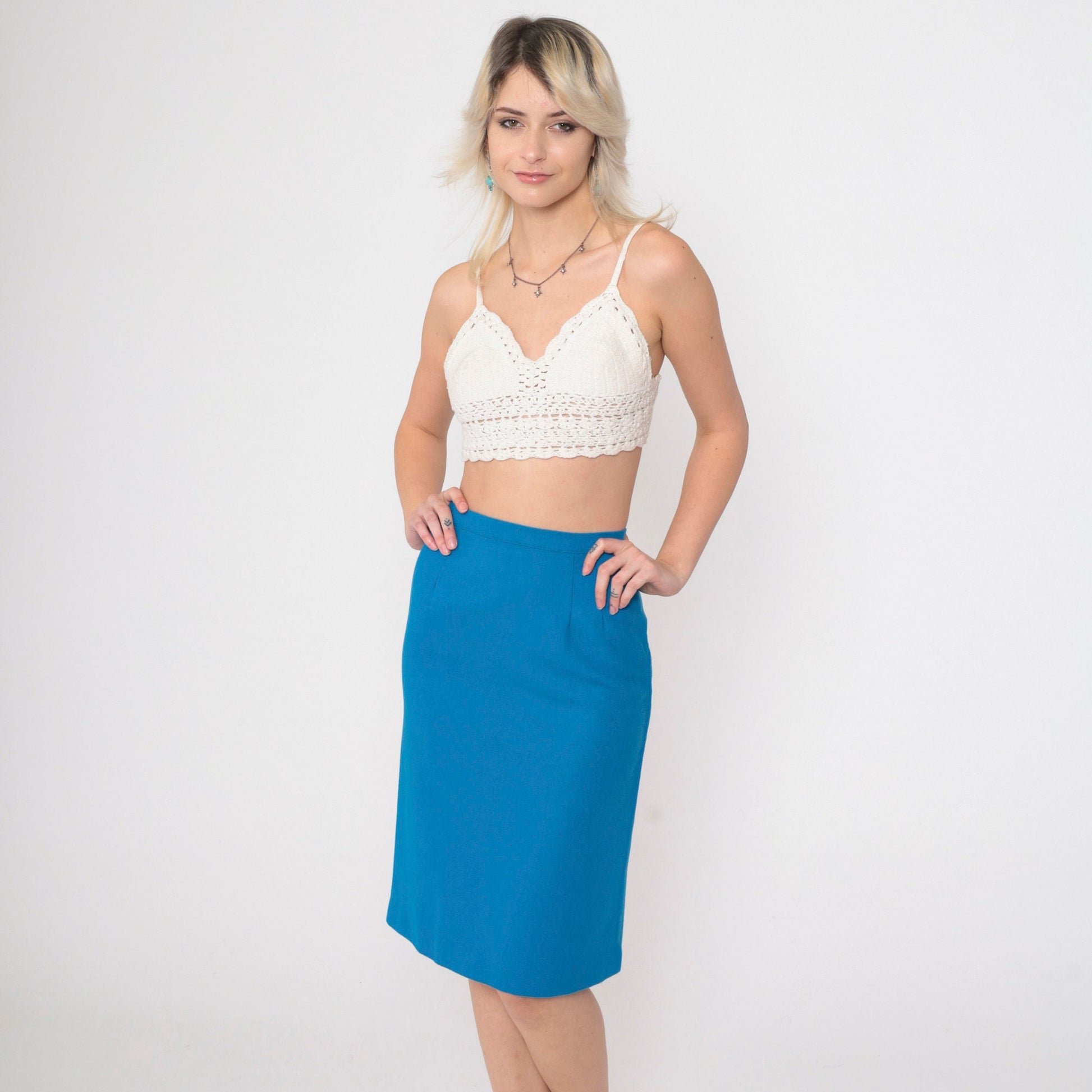 60s Blue Wool Blend Pencil Skirt High Waist Knee Length Extra Small