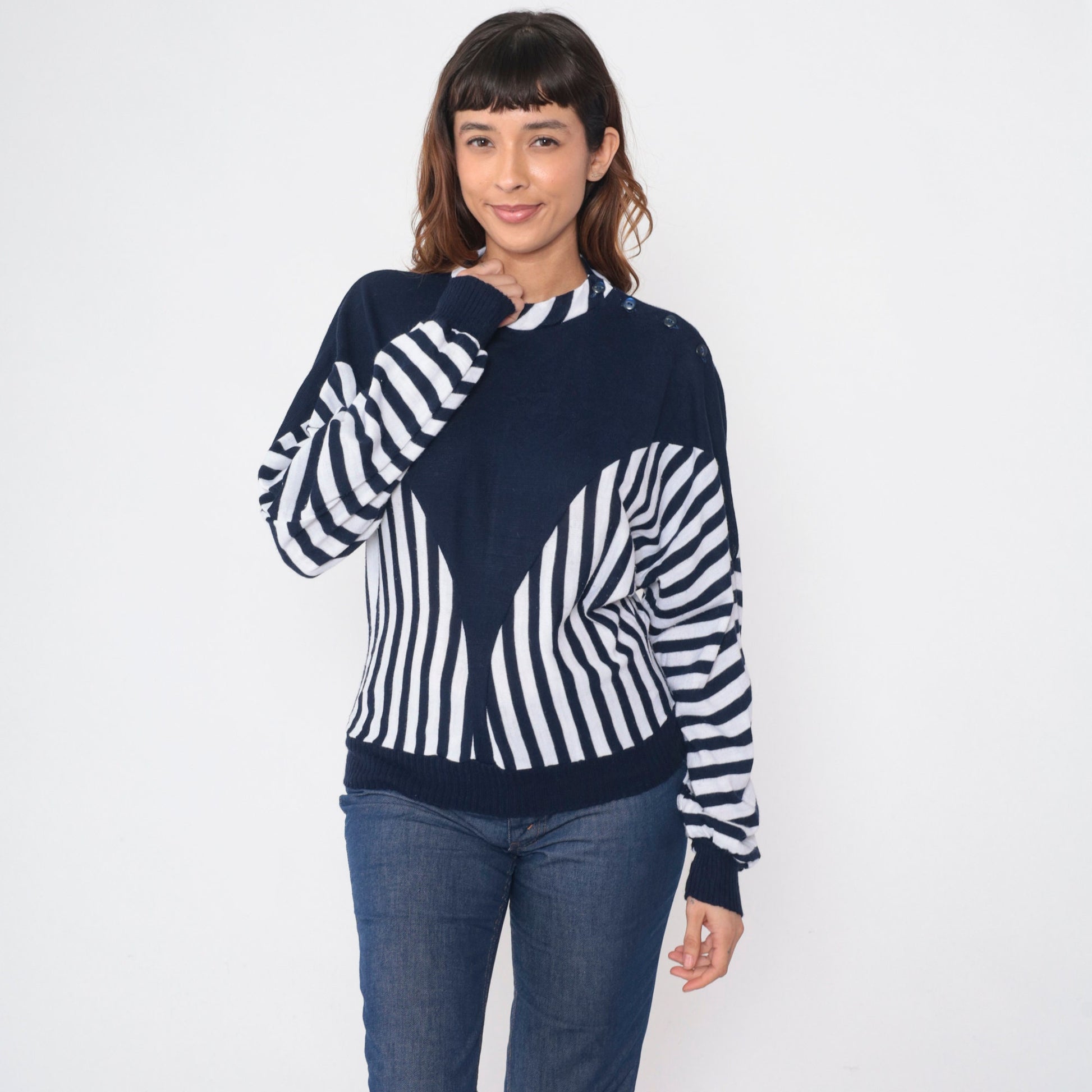 80s Clo Clo Striped Colorblock Knit Sweater Blue White Dolman Sleeve Small Medium
