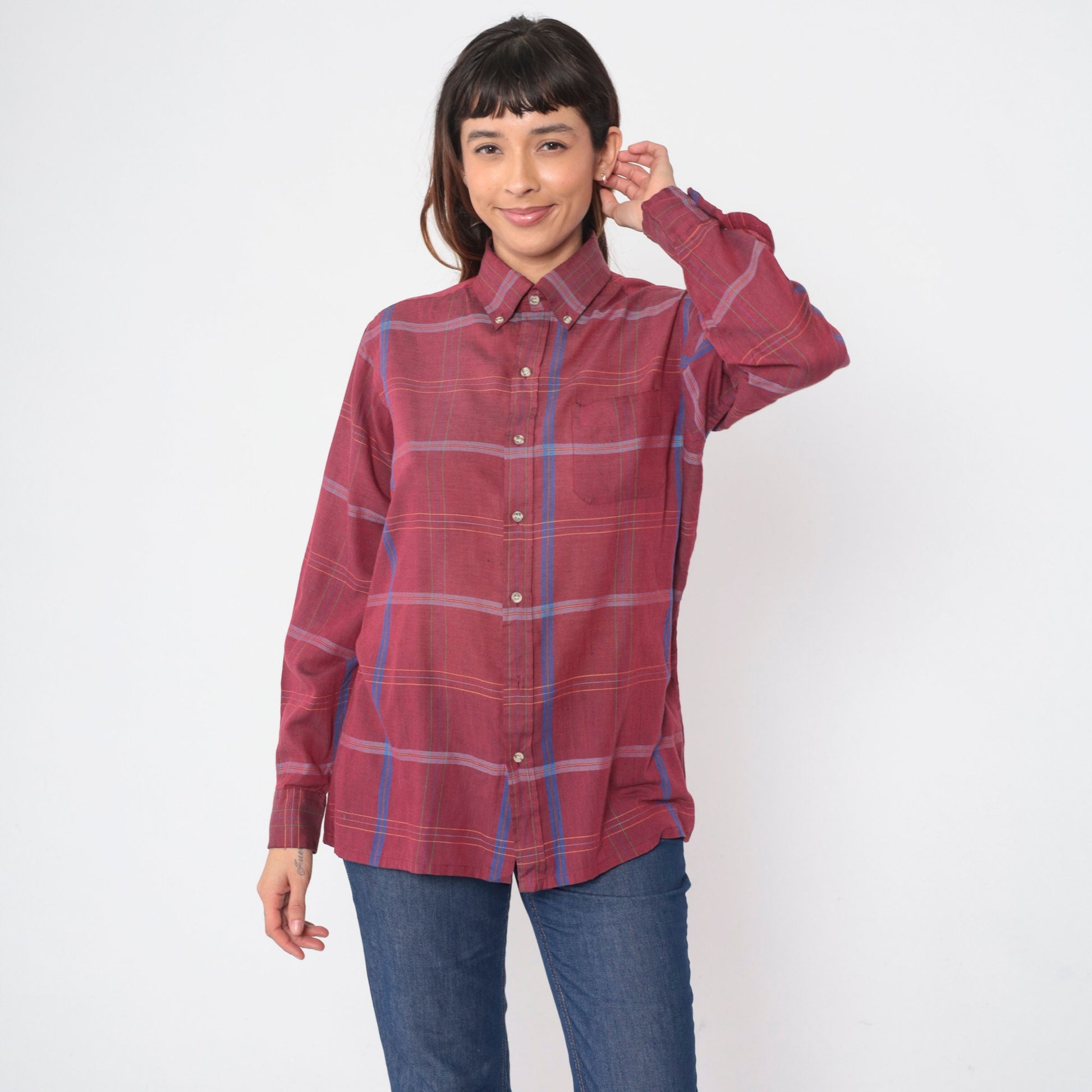 80s Arrow Burgundy Plaid Button-Up Shirt Long Sleeve Collared Medium