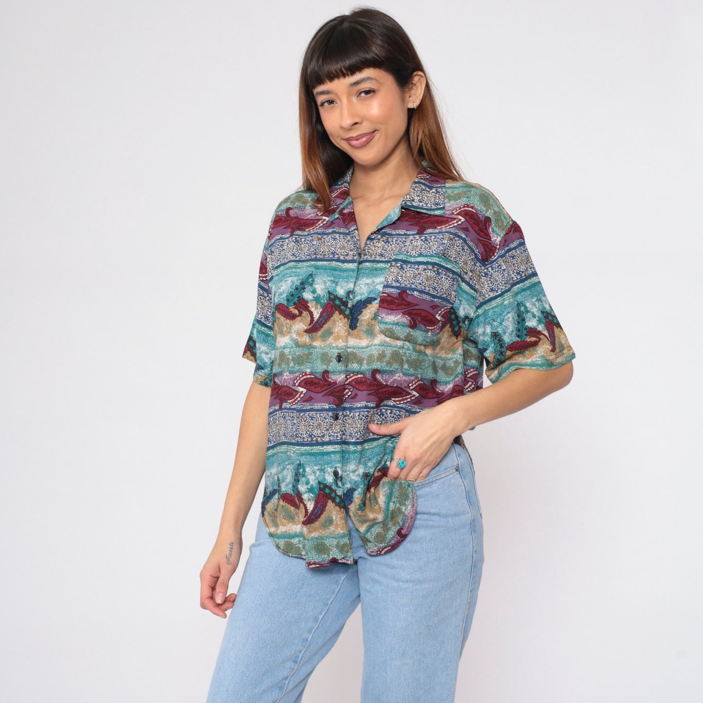 90s Indian Mandala Leaf Button-Up Blouse Short Sleeve Floral Print Blue Red Medium M
