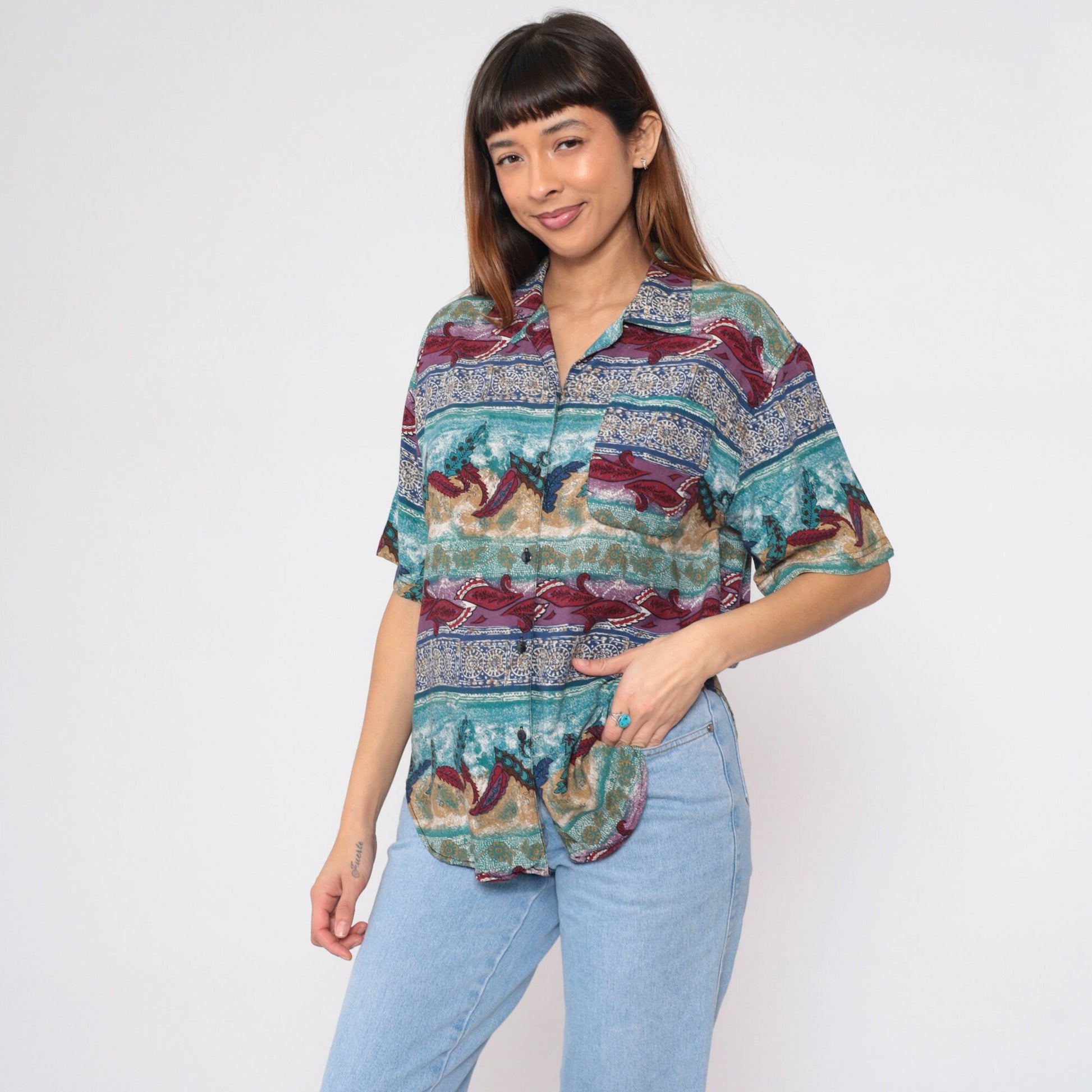 90s Indian Mandala Leaf Button-Up Blouse Short Sleeve Floral Print Blue Red Medium M