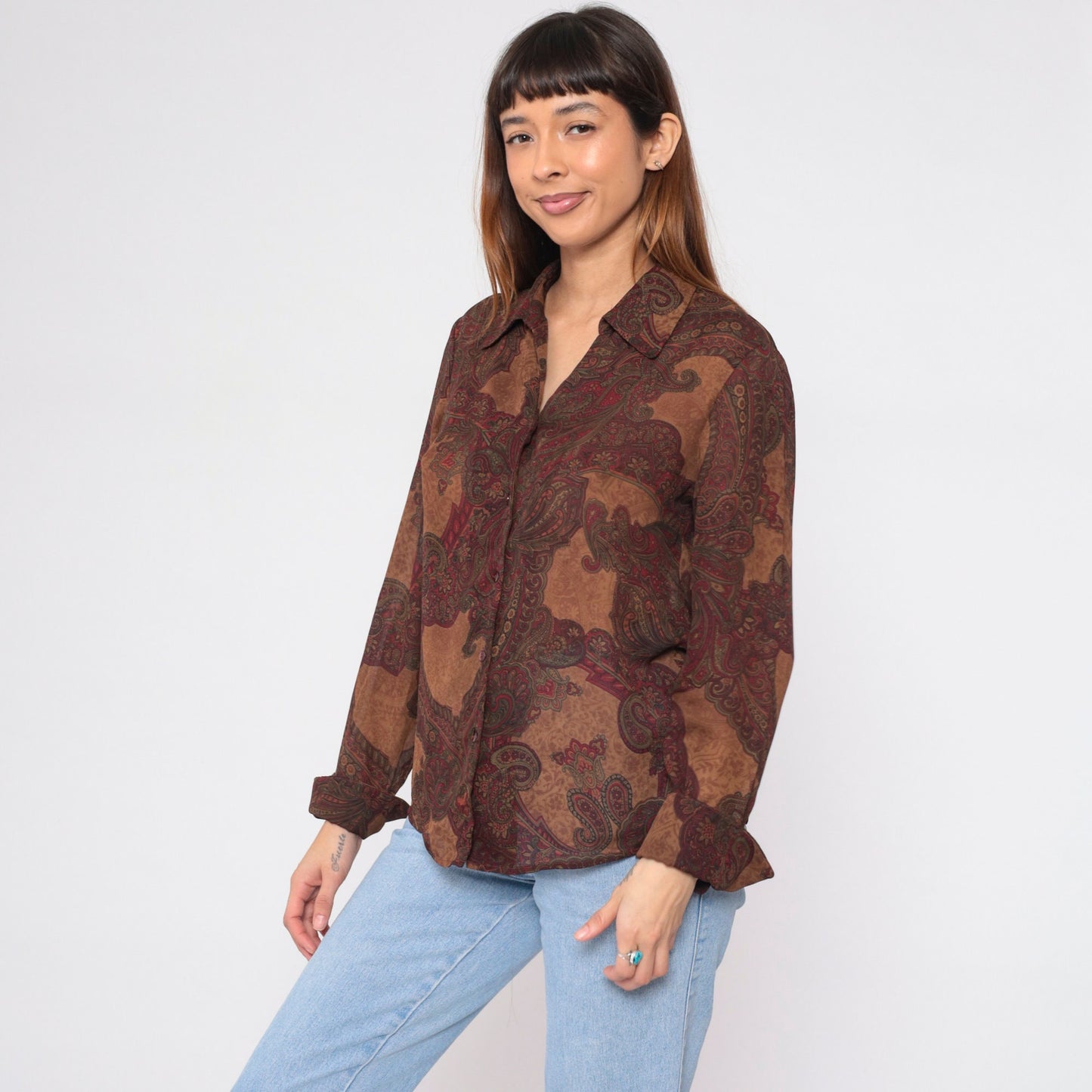 90s Kasper Paisley Button-Up Blouse Brown Long Sleeve Medium