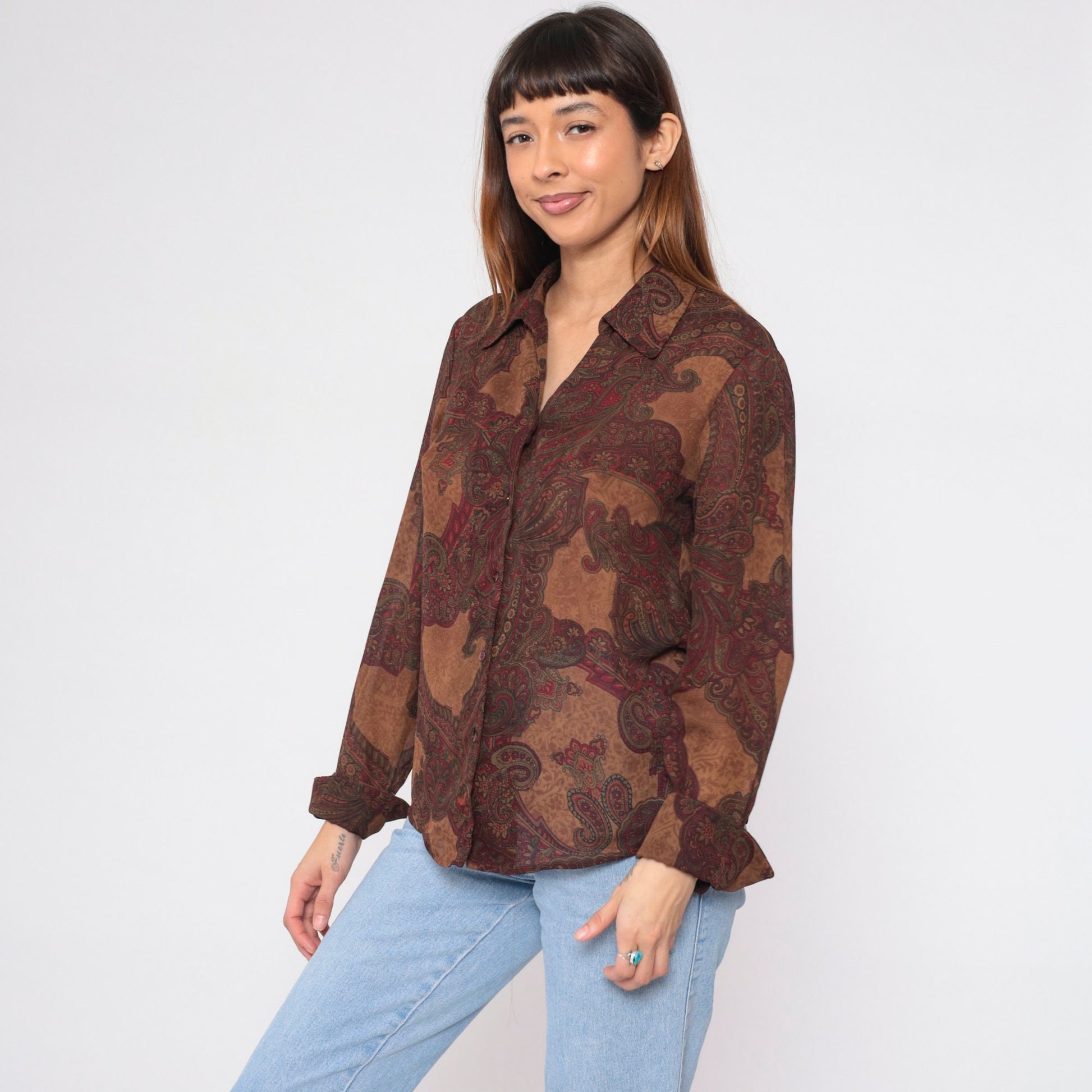 90s Kasper Paisley Button-Up Blouse Brown Long Sleeve Medium