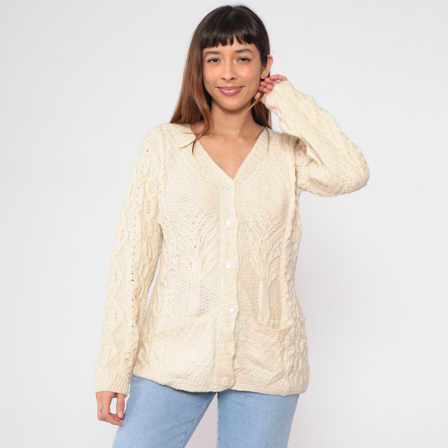 00s Kilronan Merino Wool Cable Knit Cardigan Cream Tree Print Medium M
