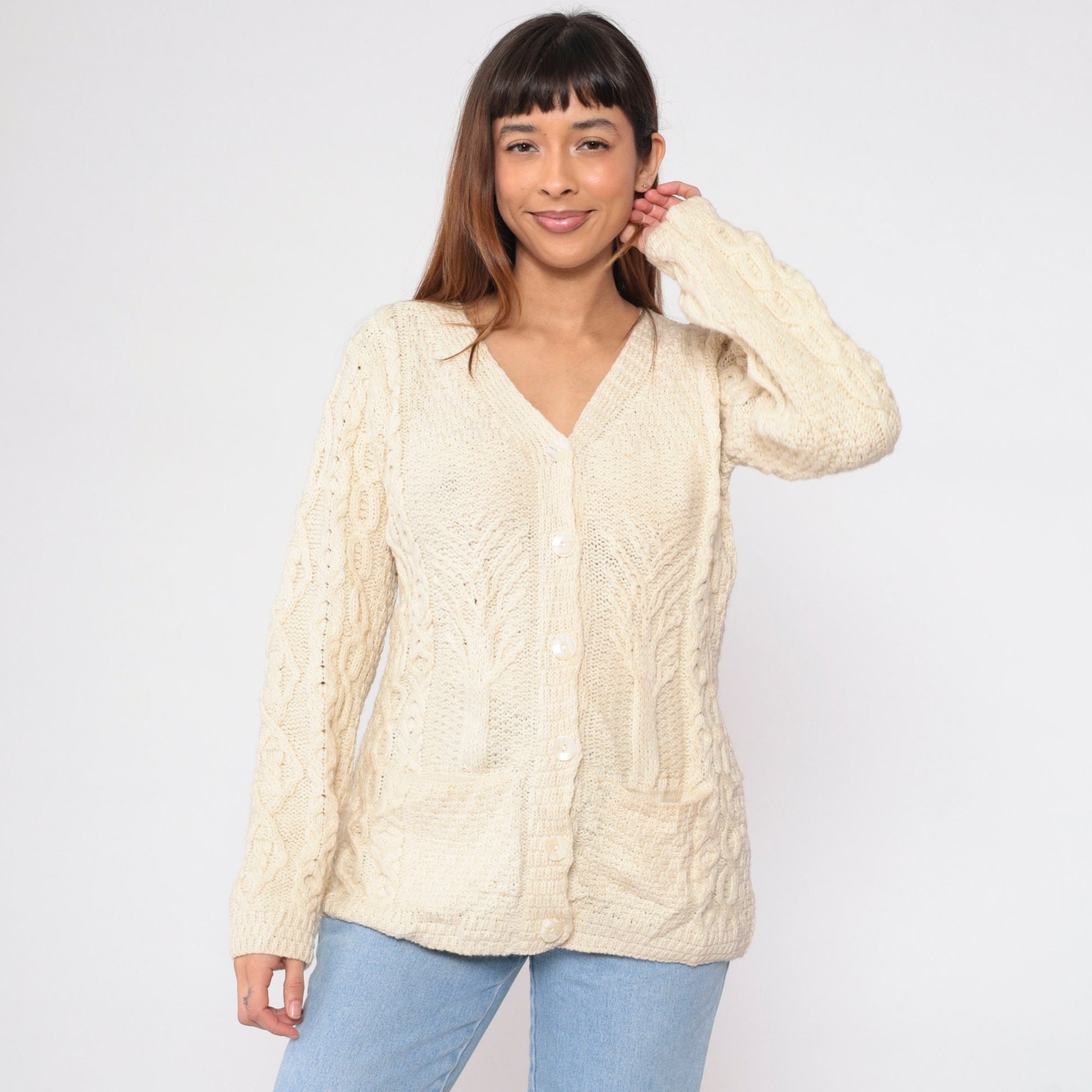00s Kilronan Merino Wool Cable Knit Cardigan Cream Tree Print Medium M