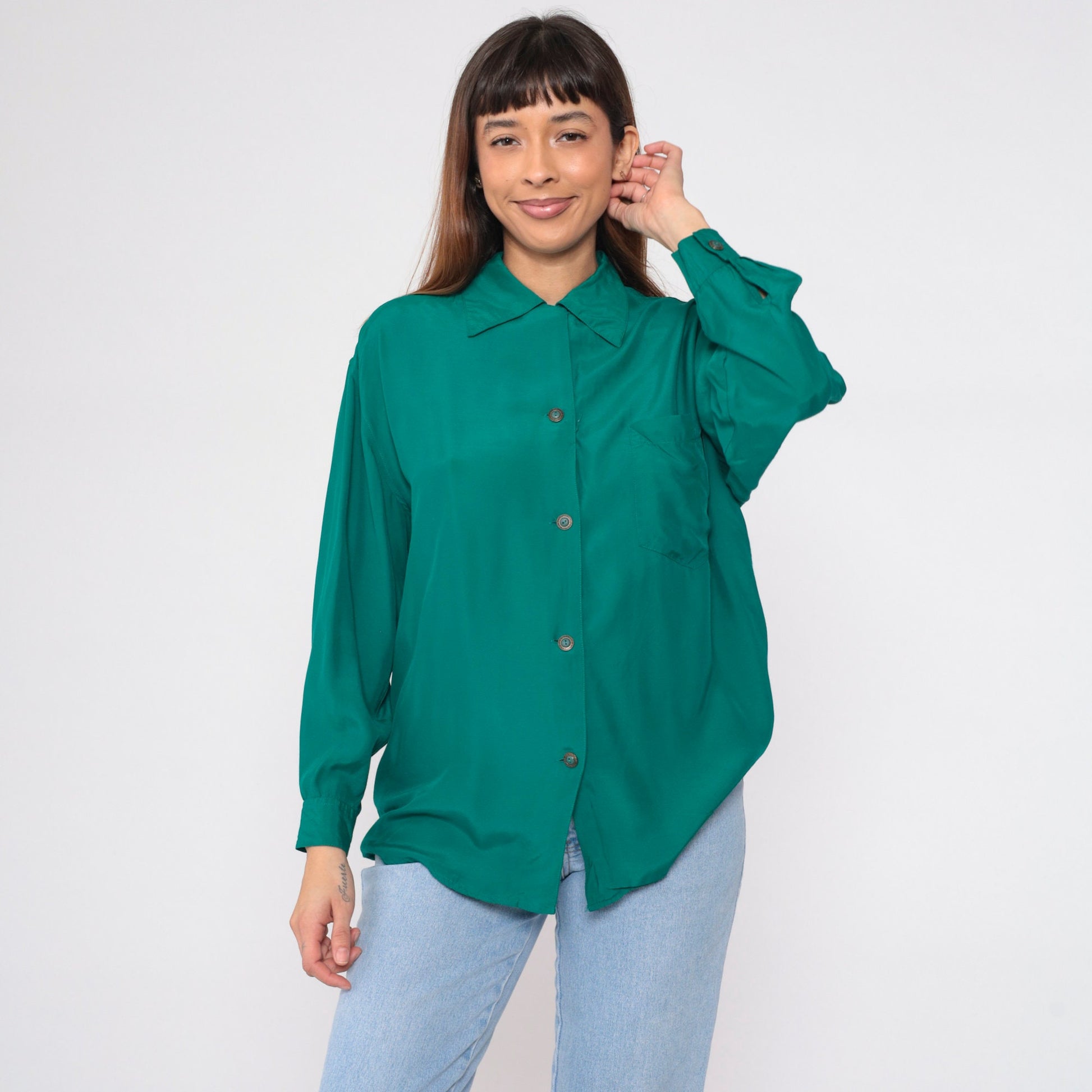 90s Paul Duffier Green Button-Up Blouse Long Sleeve Collared Small