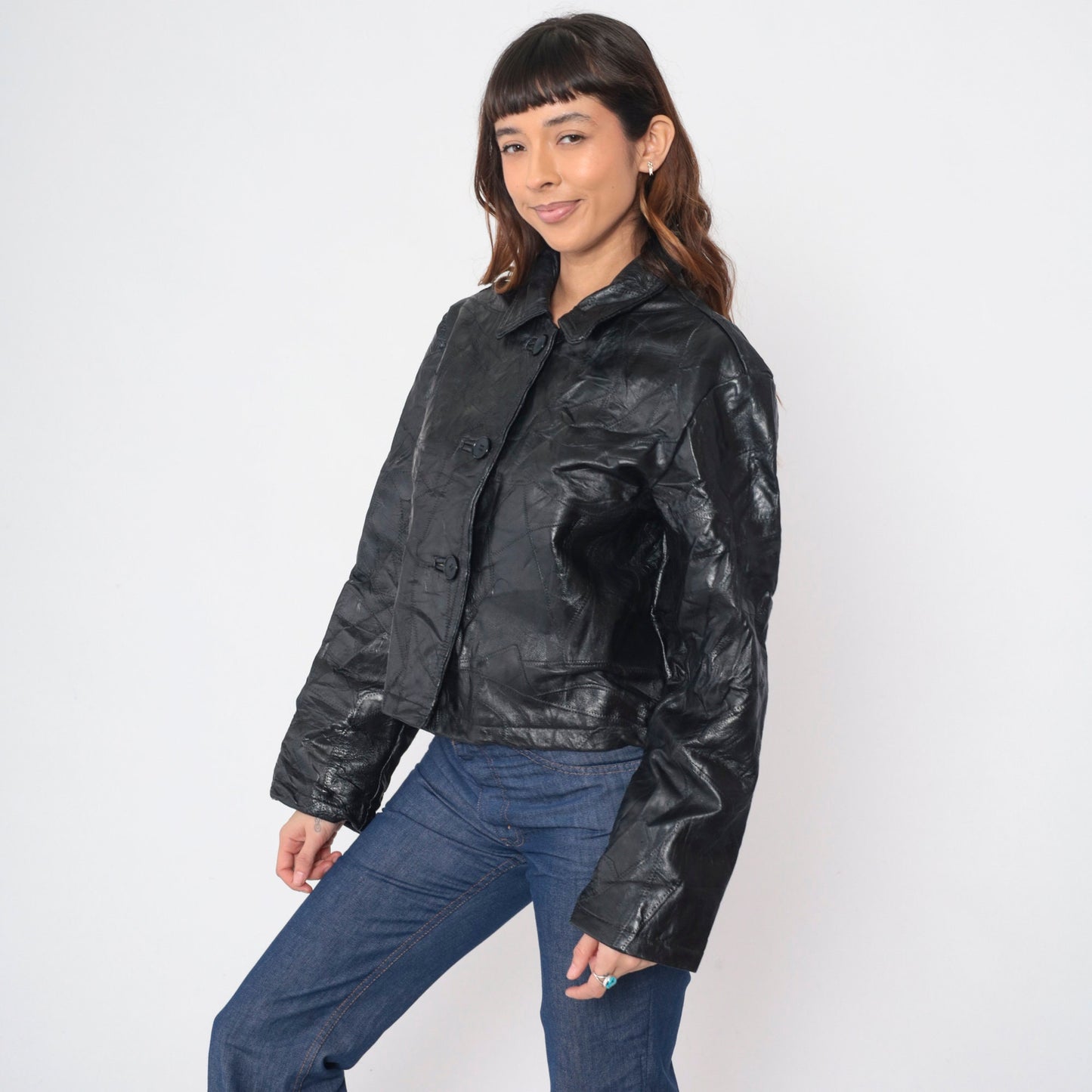 00s Black Patchwork Leather Moto Jacket Italian Stone Design Medium