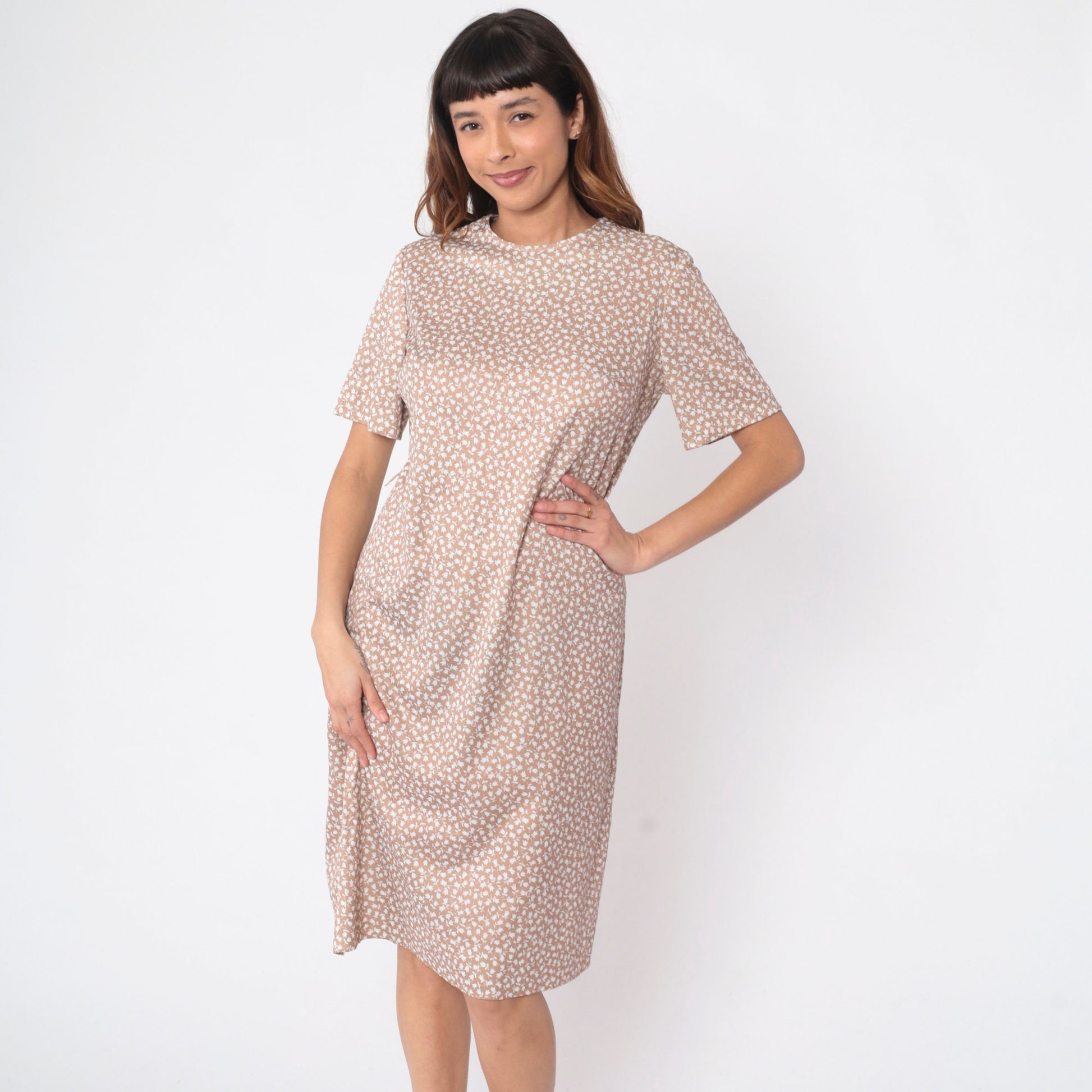70s Tulip Floral Midi Dress Light Brown Shift Short Sleeve Large