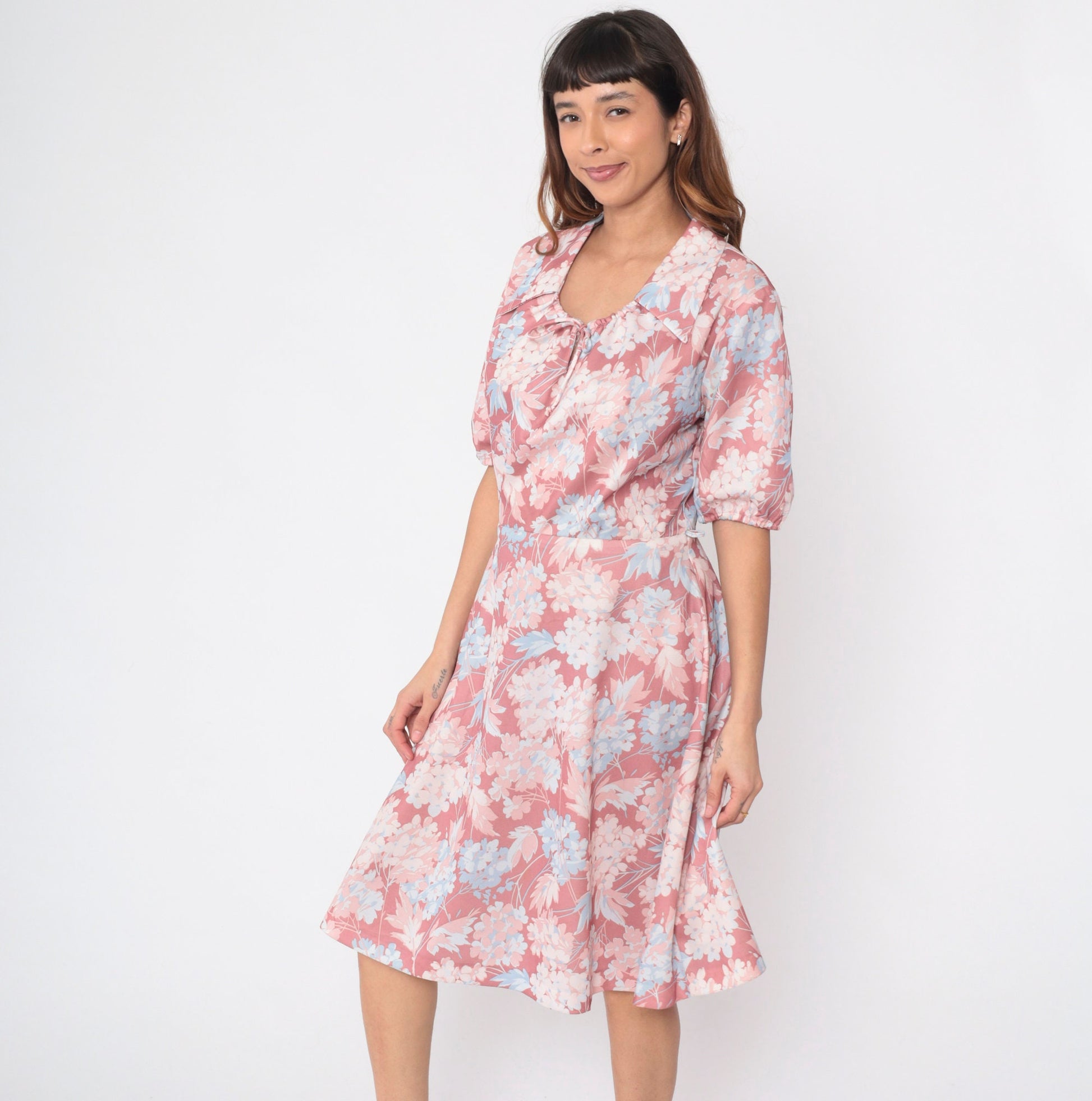 70s Pink Floral Midi Dress Puff Sleeve Collared Drawstring High Waist Medium Large