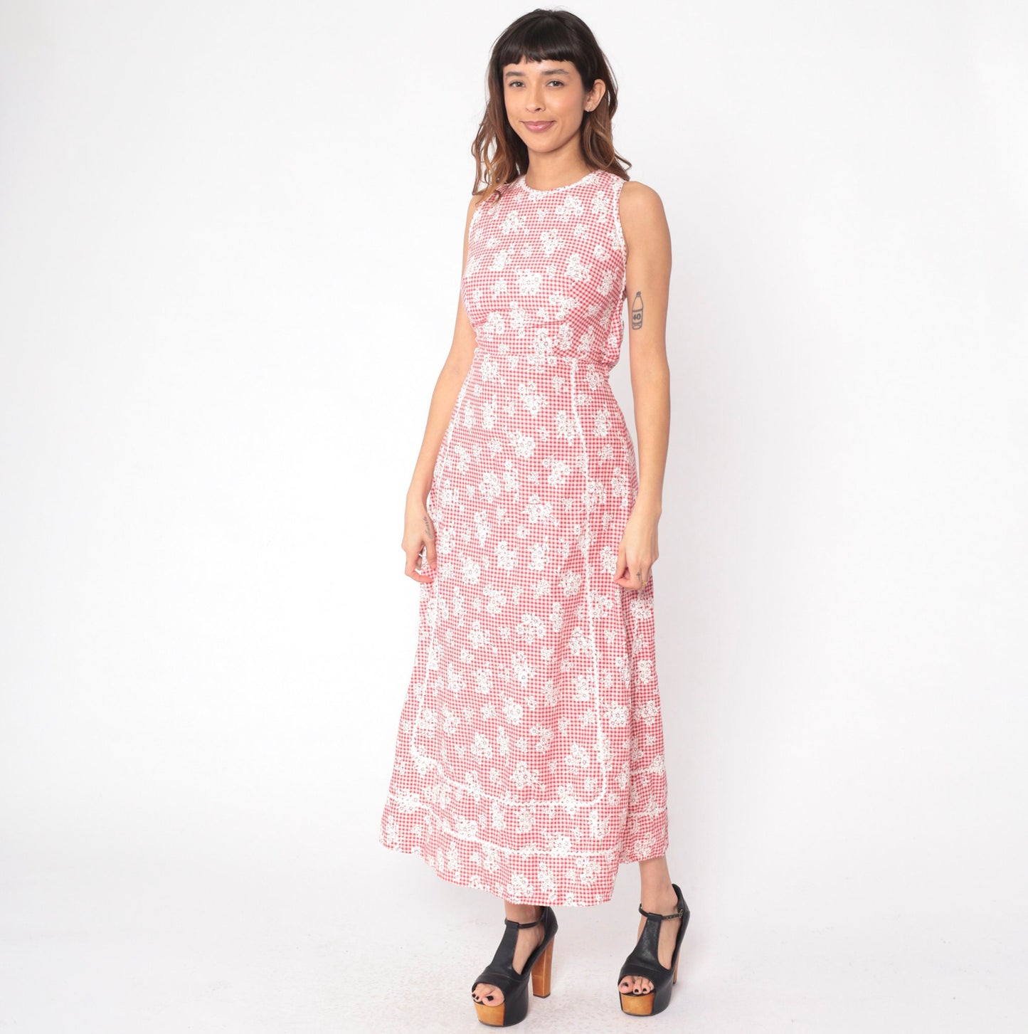 70s Gingham Floral Maxi Dress Red White Sleeveless Ric Rac Trim Extra Small