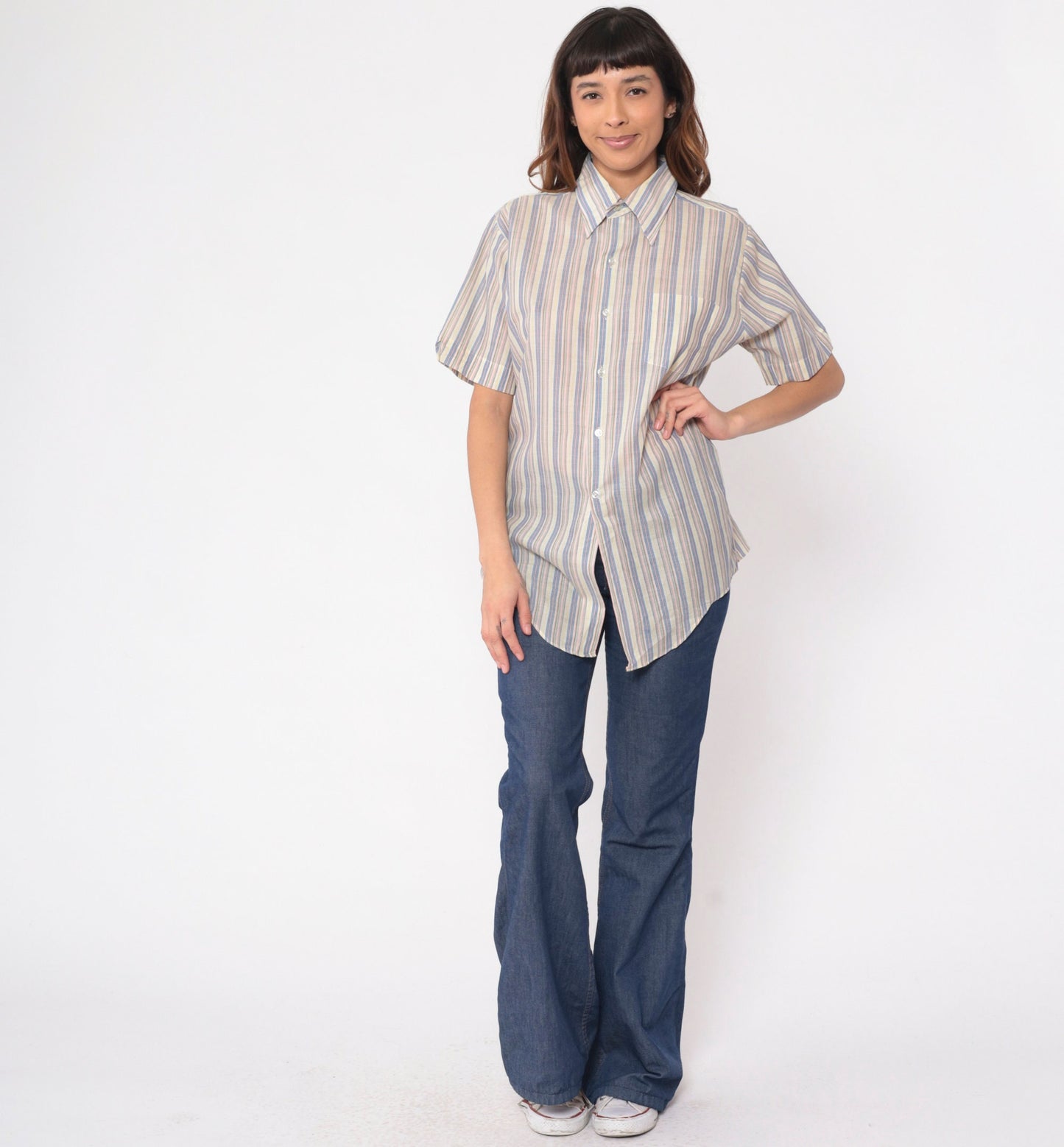 70s Fleetline Striped Button-Up Shirt Pointed Collar Multicolor Medium