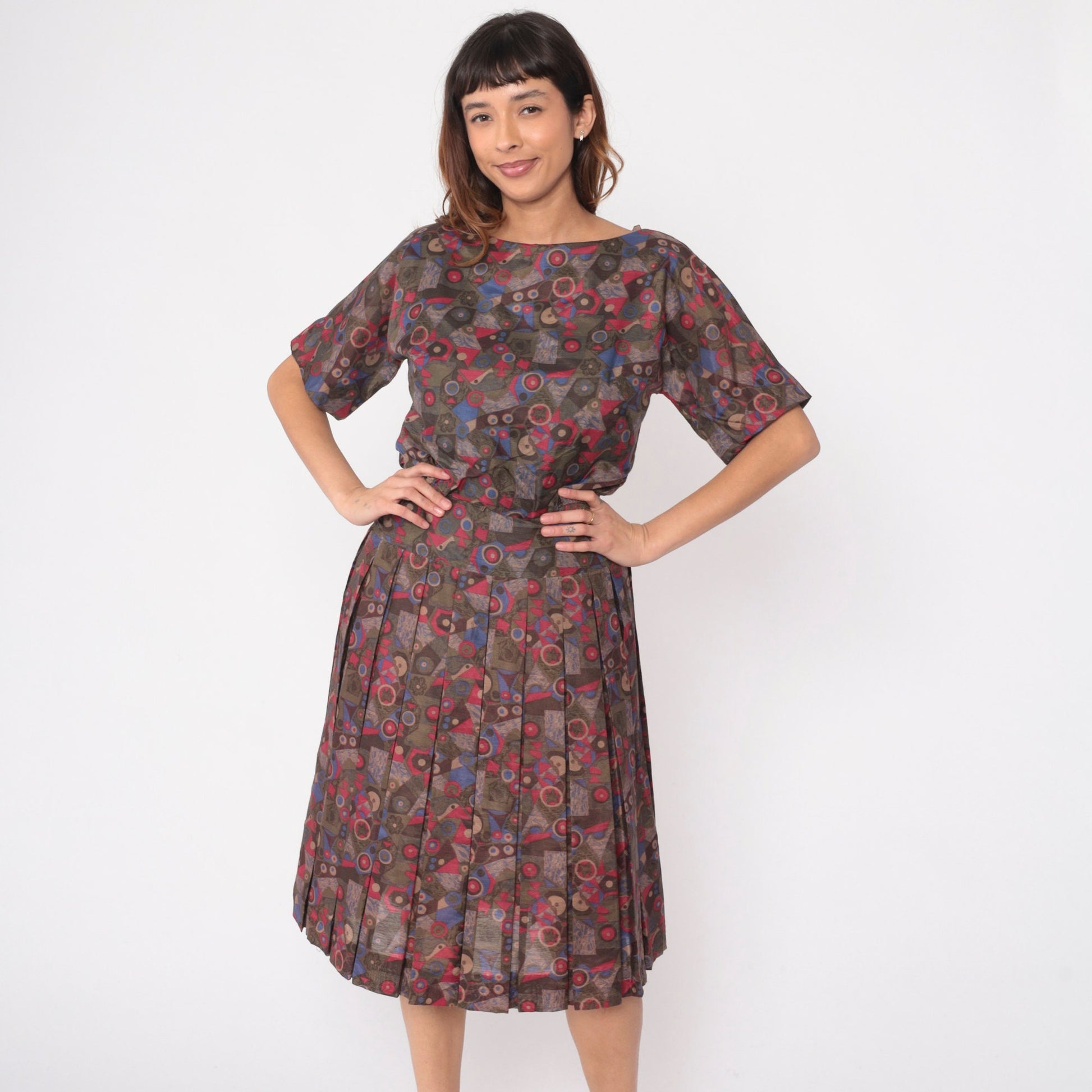60s R&K Originals Geometric Floral Midi Dress High Waisted Pleated Cotton Medium