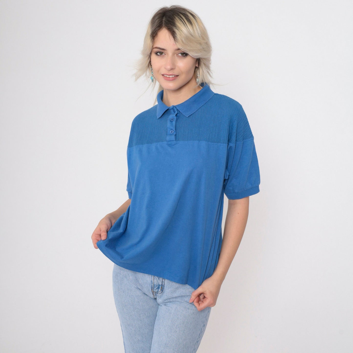 90s Blue Polo Shirt Cotton Blend Collared Short Sleeve Large