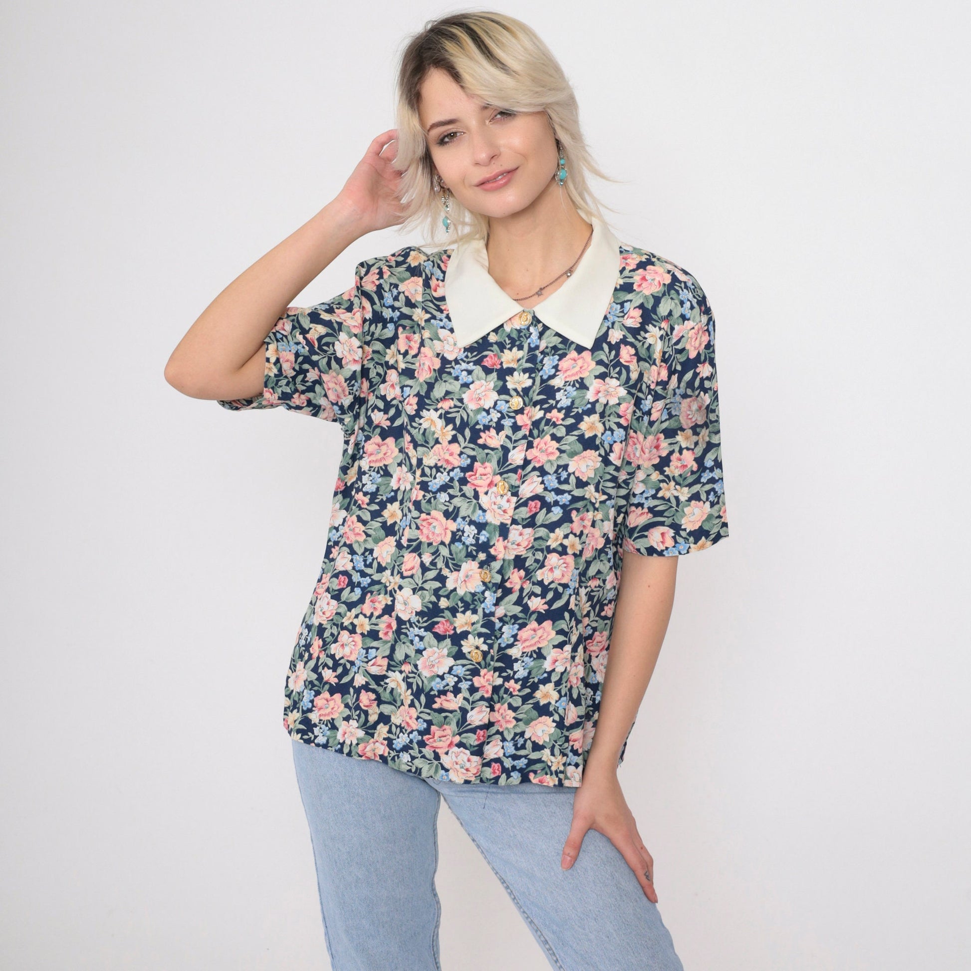 90s Dark Blue Floral Button Up Blouse White Collar Gold Buttons Small