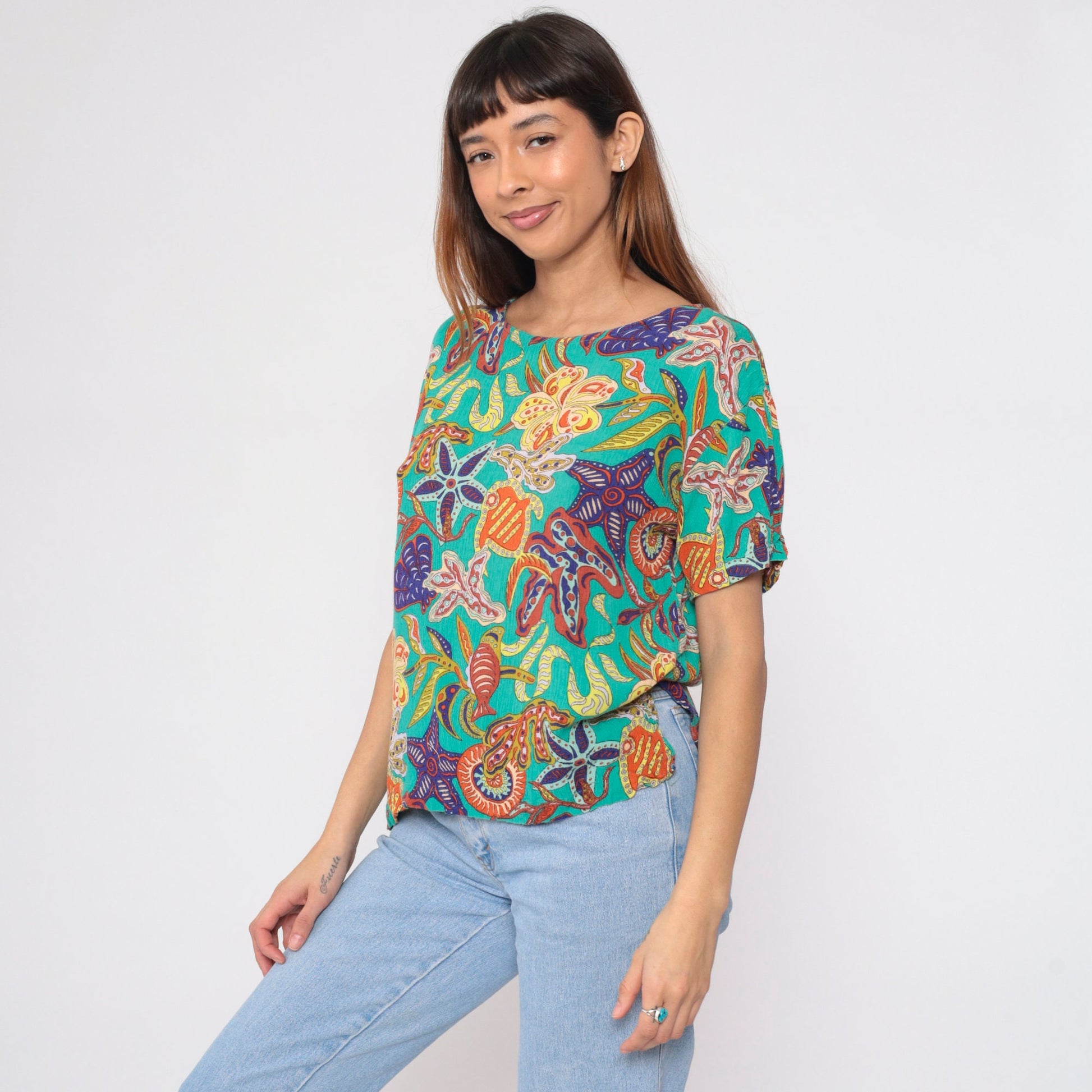 90s Under The Sea Print Rayon Blouse Turquoise Fish Starfish Small