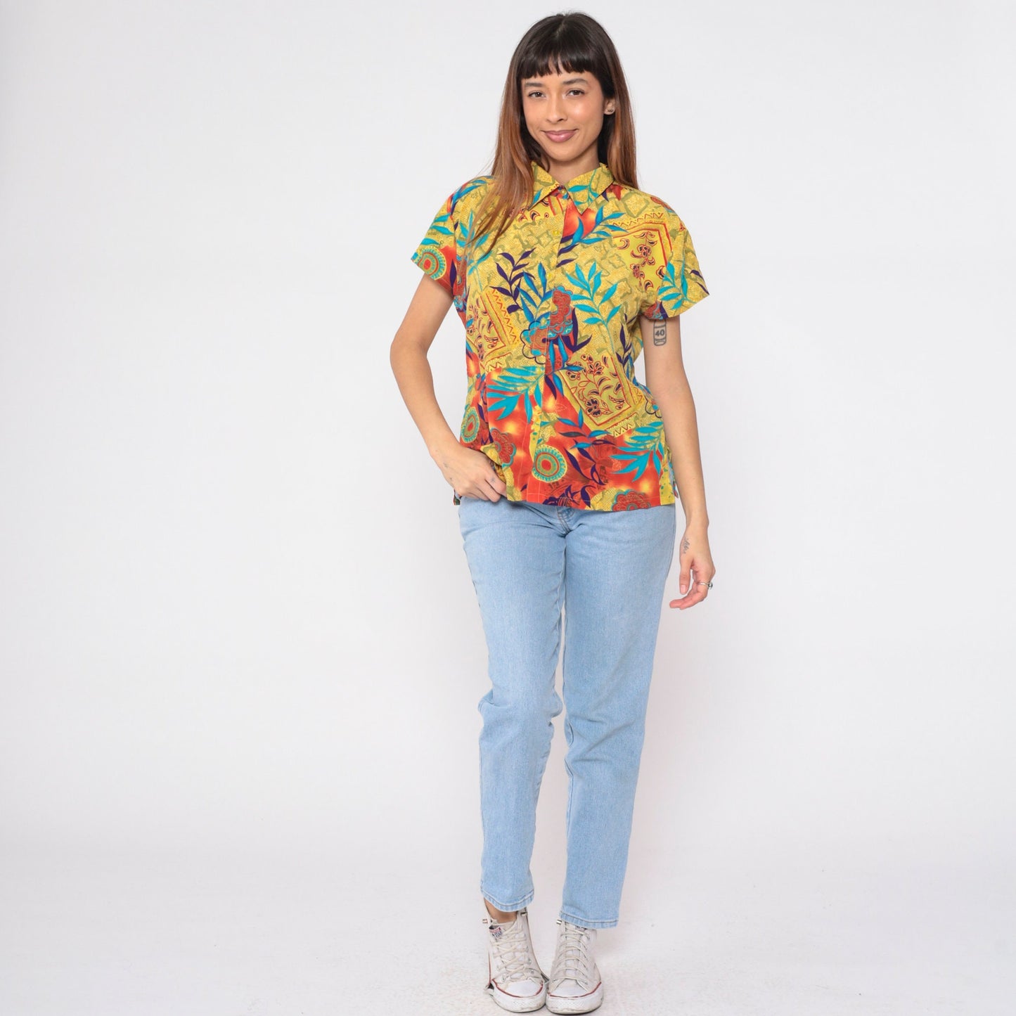 90s Mixed Print Button-Up Blouse Floral Snakeskin Mandala Yellow Orange Medium