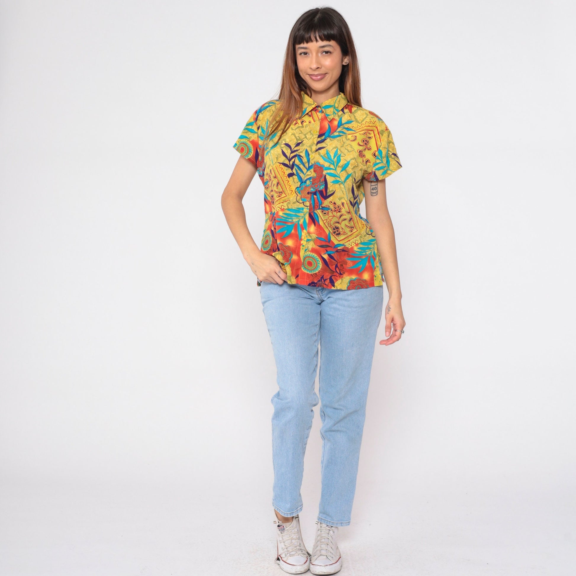 90s Mixed Print Button-Up Blouse Floral Snakeskin Mandala Yellow Orange Medium