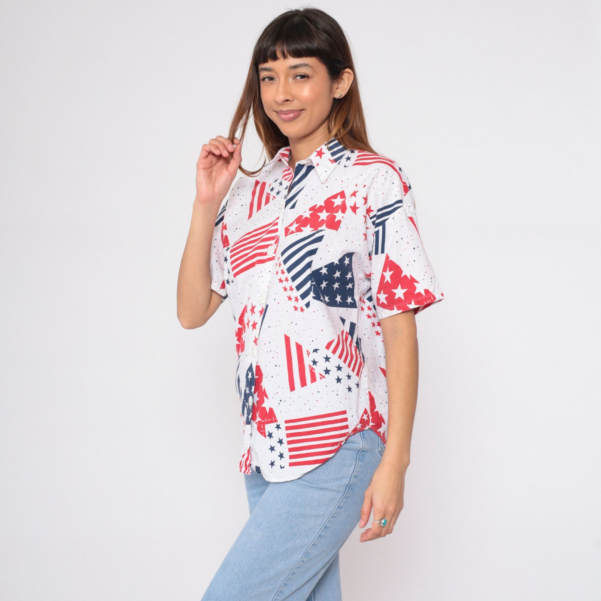 90s Stars and Stripes Button-Up Blouse Red White Blue American Flag Large L