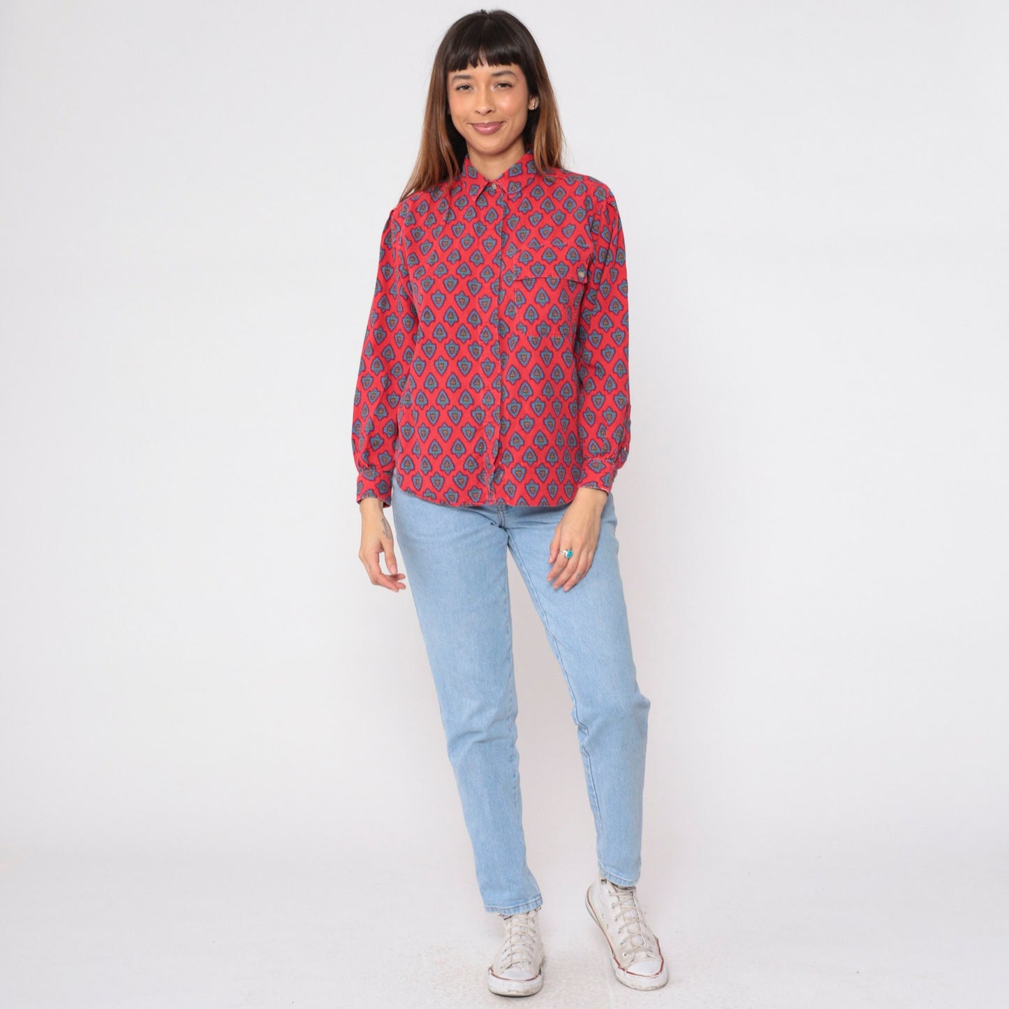 90s Heart Print Button-Up Blouse Red Floral Cotton Long Sleeve Medium M