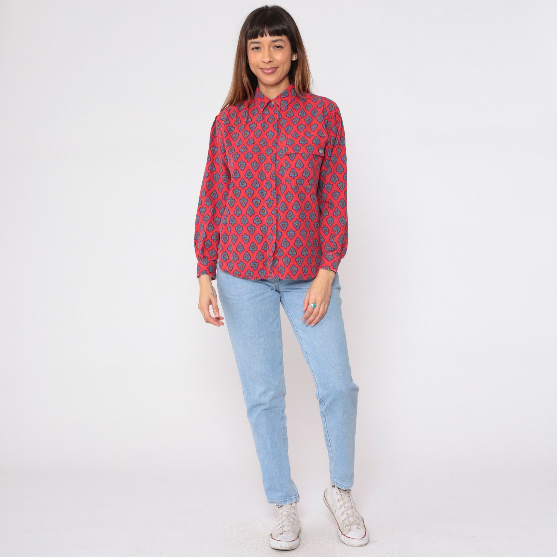 90s Heart Print Button-Up Blouse Red Floral Cotton Long Sleeve Medium M