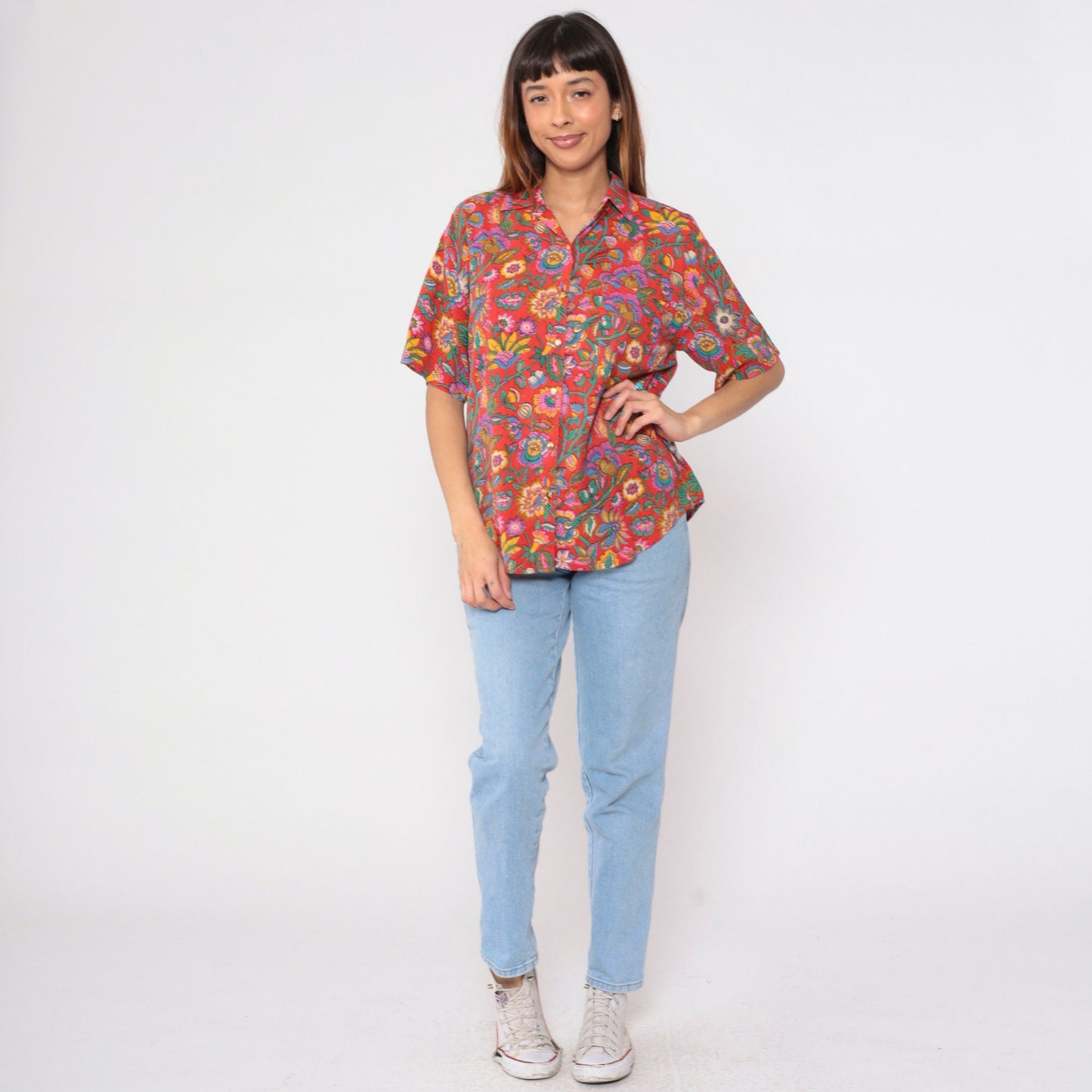 90s Indian Floral Red Button-Up Blouse Short Sleeve Cotton Rayon Medium M