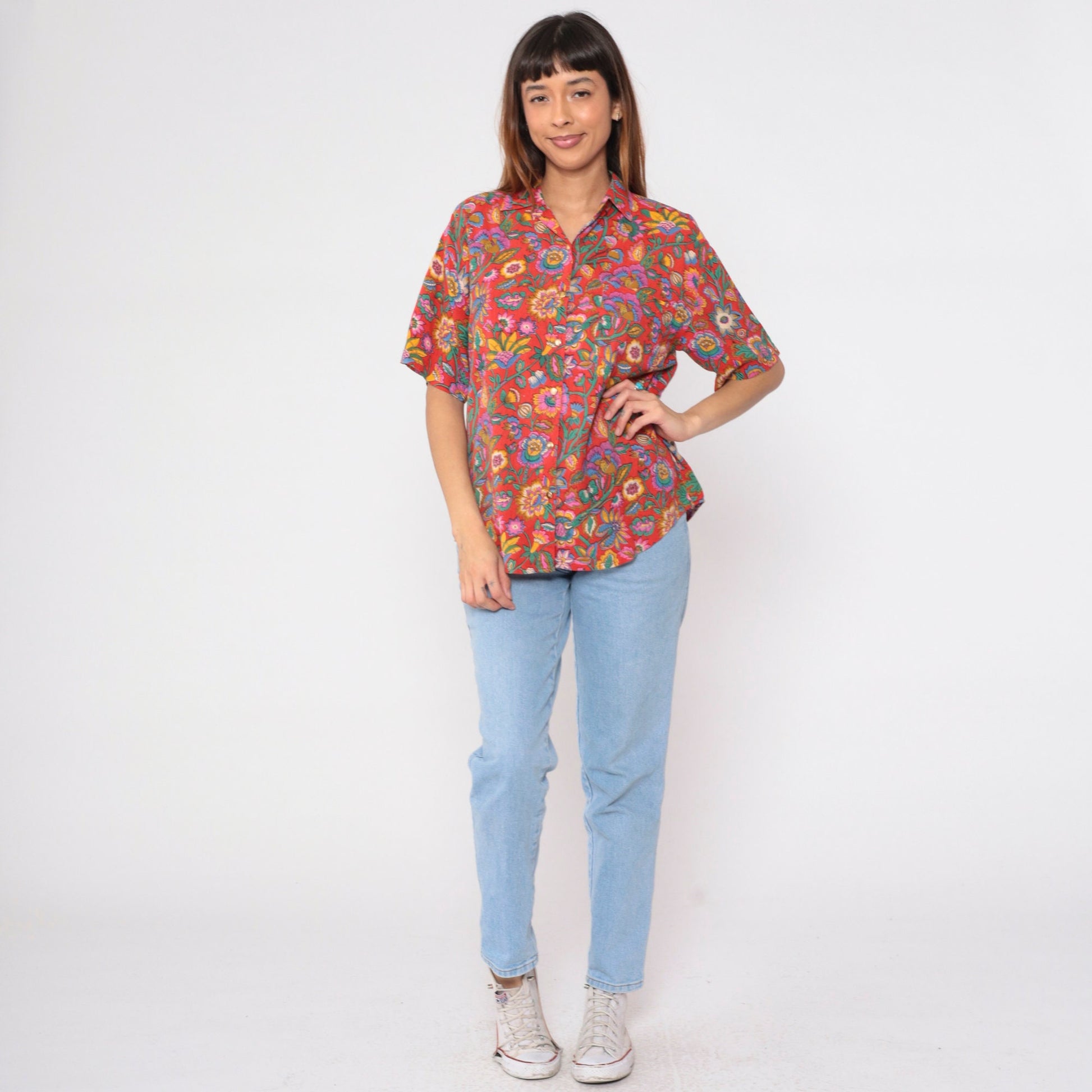 90s Indian Floral Red Button-Up Blouse Short Sleeve Cotton Rayon Medium M
