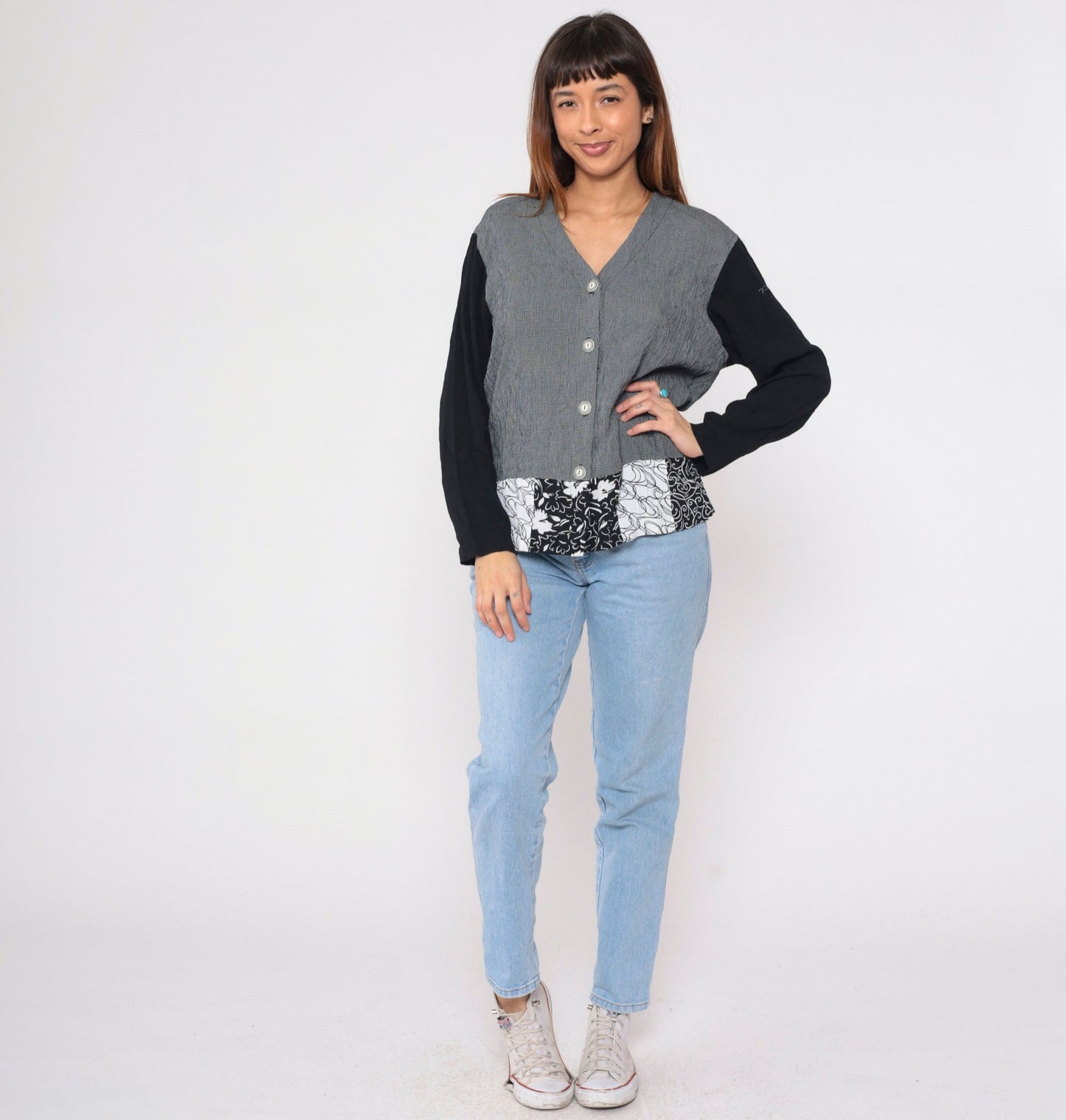 90s Aimee d Black White Checkered Floral Print Blouse V Neck Long Sleeve Small