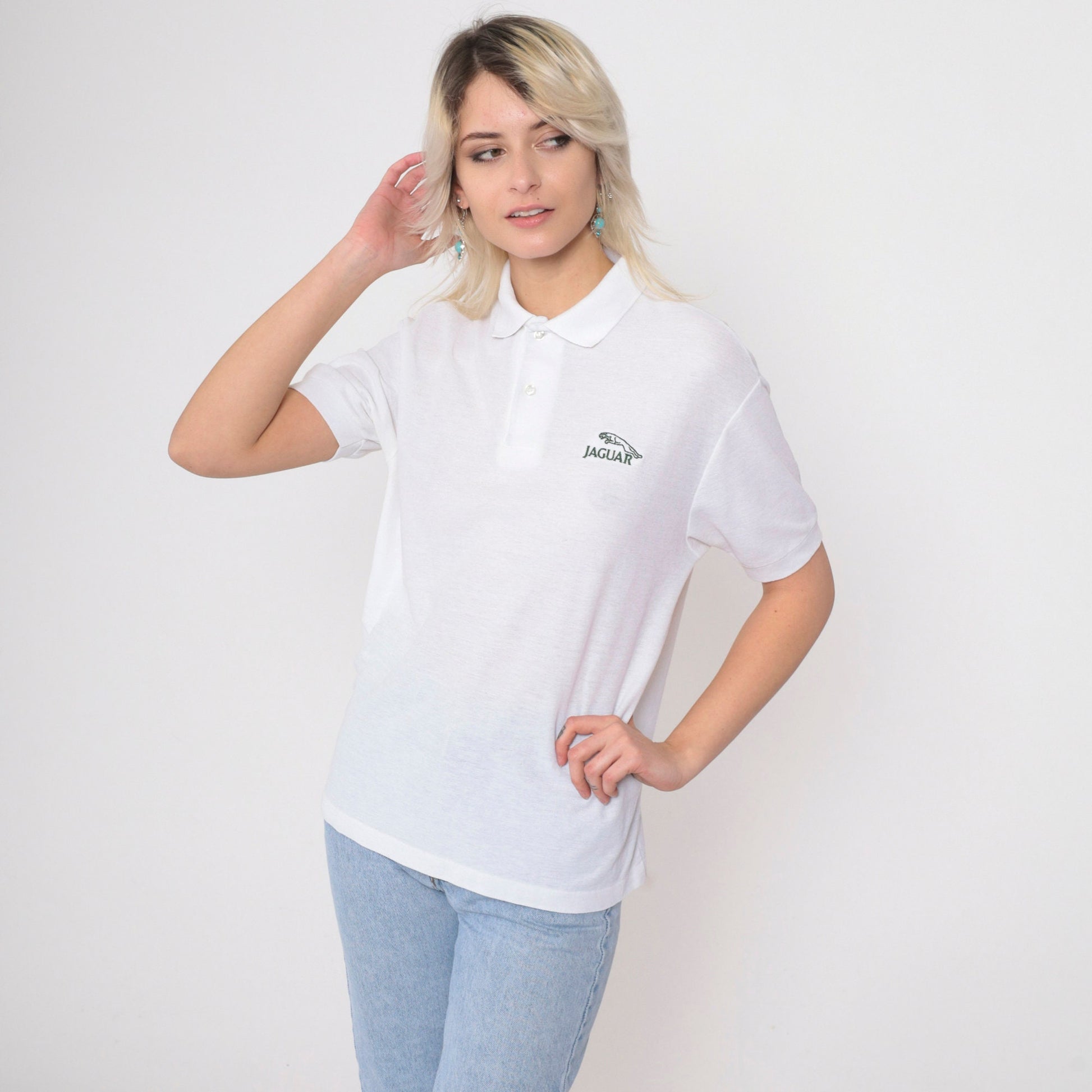 80s Jaguar Logo Polo Shirt White Cotton Graphic Button-Up Medium