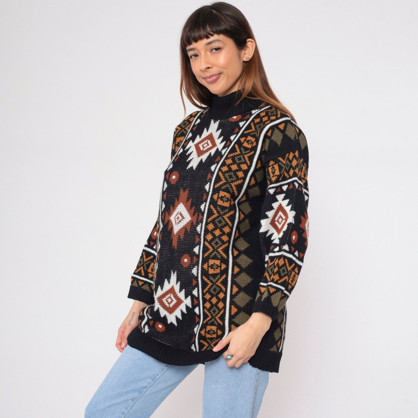80s Southwestern Knit Turtleneck Sweater Black Geometric Print Large L