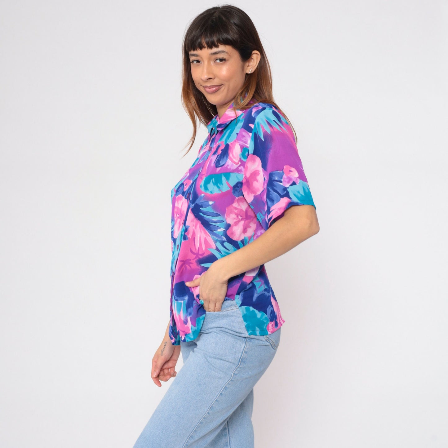 90s Bon Worth Hawaiian Floral Blouse Pink Purple Blue Short Sleeve Small