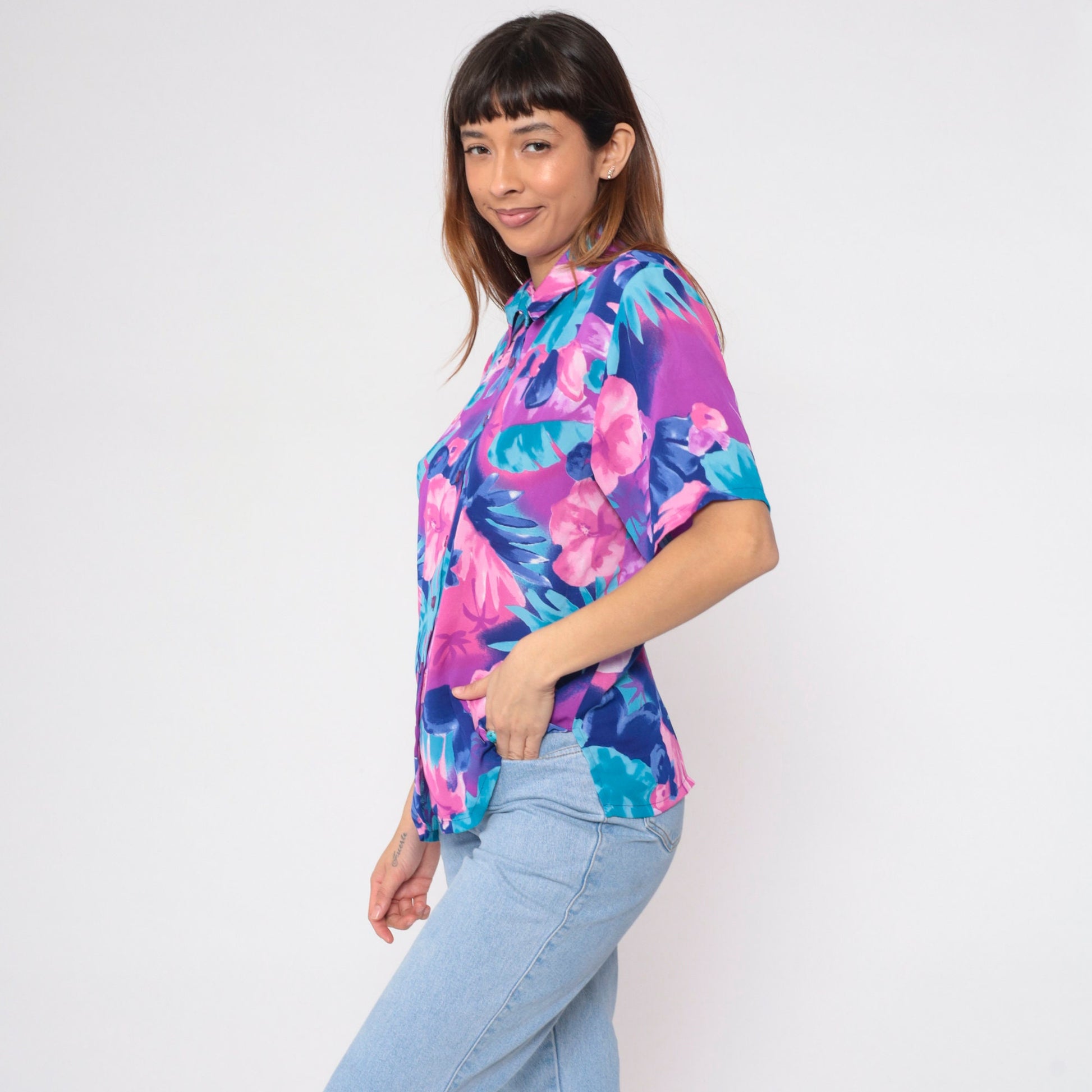 90s Bon Worth Hawaiian Floral Blouse Pink Purple Blue Short Sleeve Small