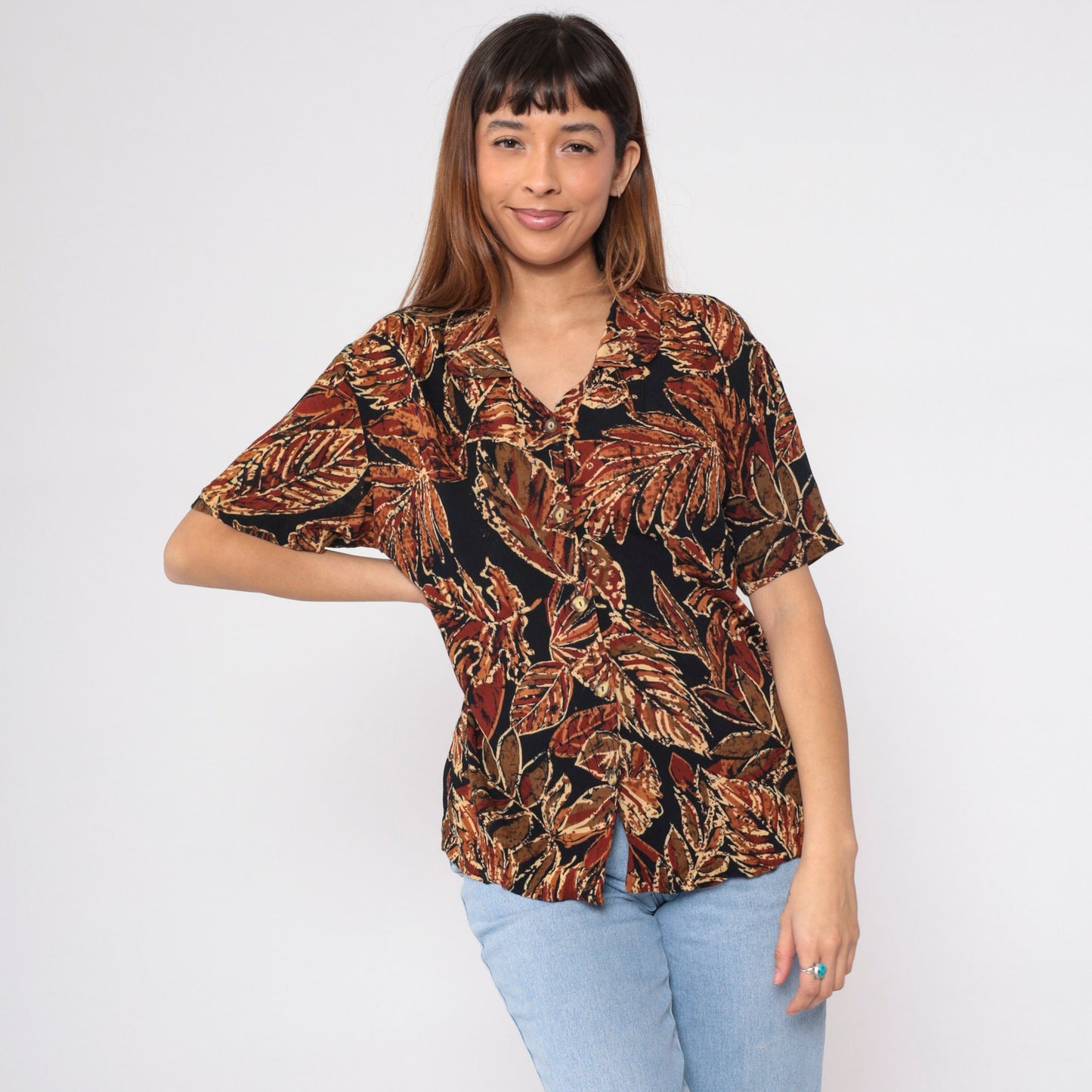 90s Tropical Leaf Button-Up Blouse Black Botanical Print Short Sleeve Medium