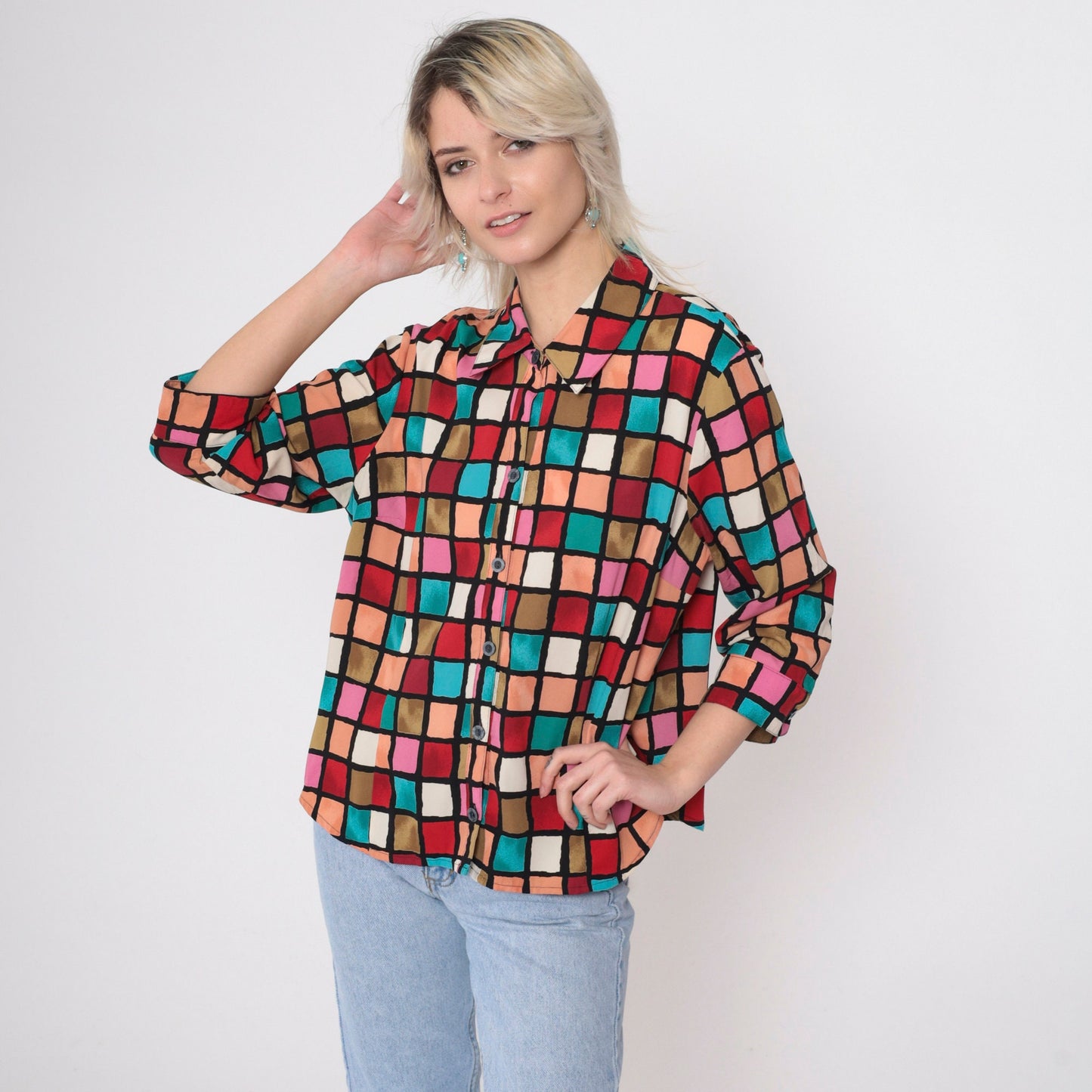 90s Checkered Button-Up Blouse 3/4 Sleeve Red Pink Turquoise Preppy Extra Large