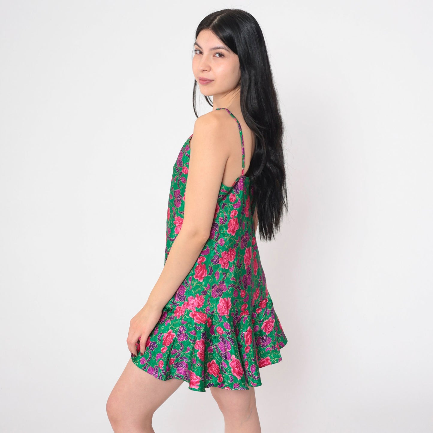 90s Green Floral Mini Slip Dress Drop Waist Spaghetti Strap Small M