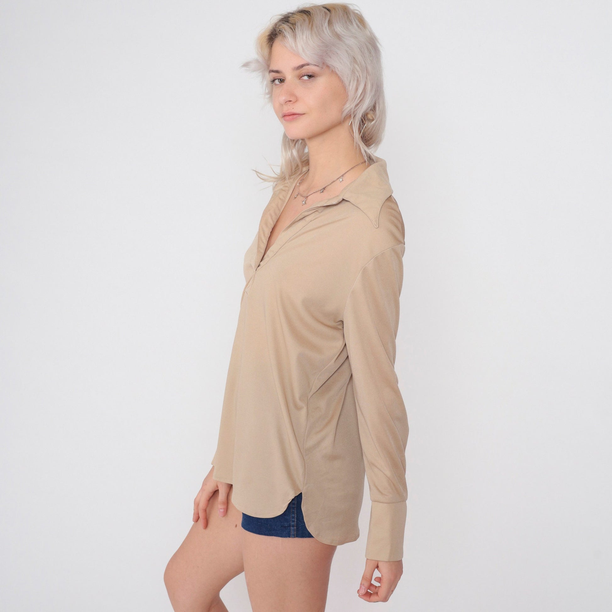 70s Tan Johnny Collar Long Sleeve Blouse Large L