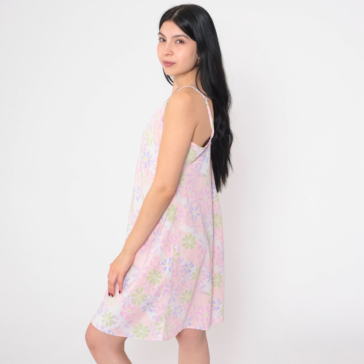 90s Baby Pink Daisy Floral Mini Slip Dress Spaghetti Strap Small M