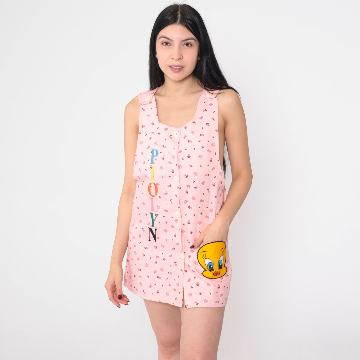 90s Tweety Bird Piolyn Floral Mini Dress Pink Sleeveless Button-Up Extra Small